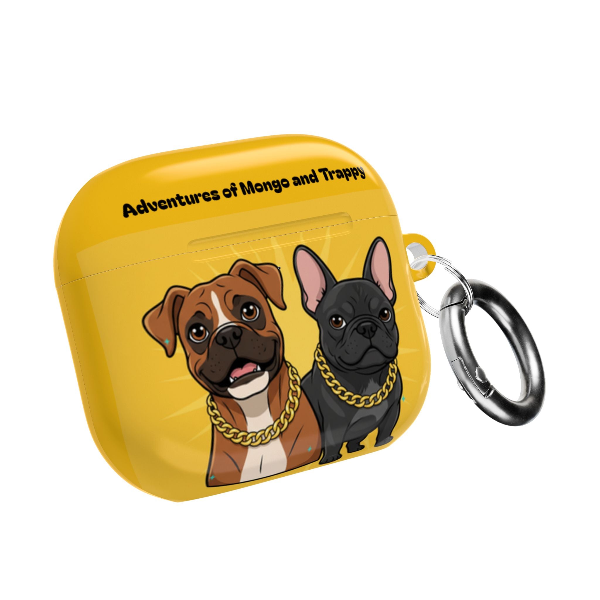 Yellow AirPods Case — 'Adventures of Mongo and Trappy' with Cartoon Boxer & French Bulldog