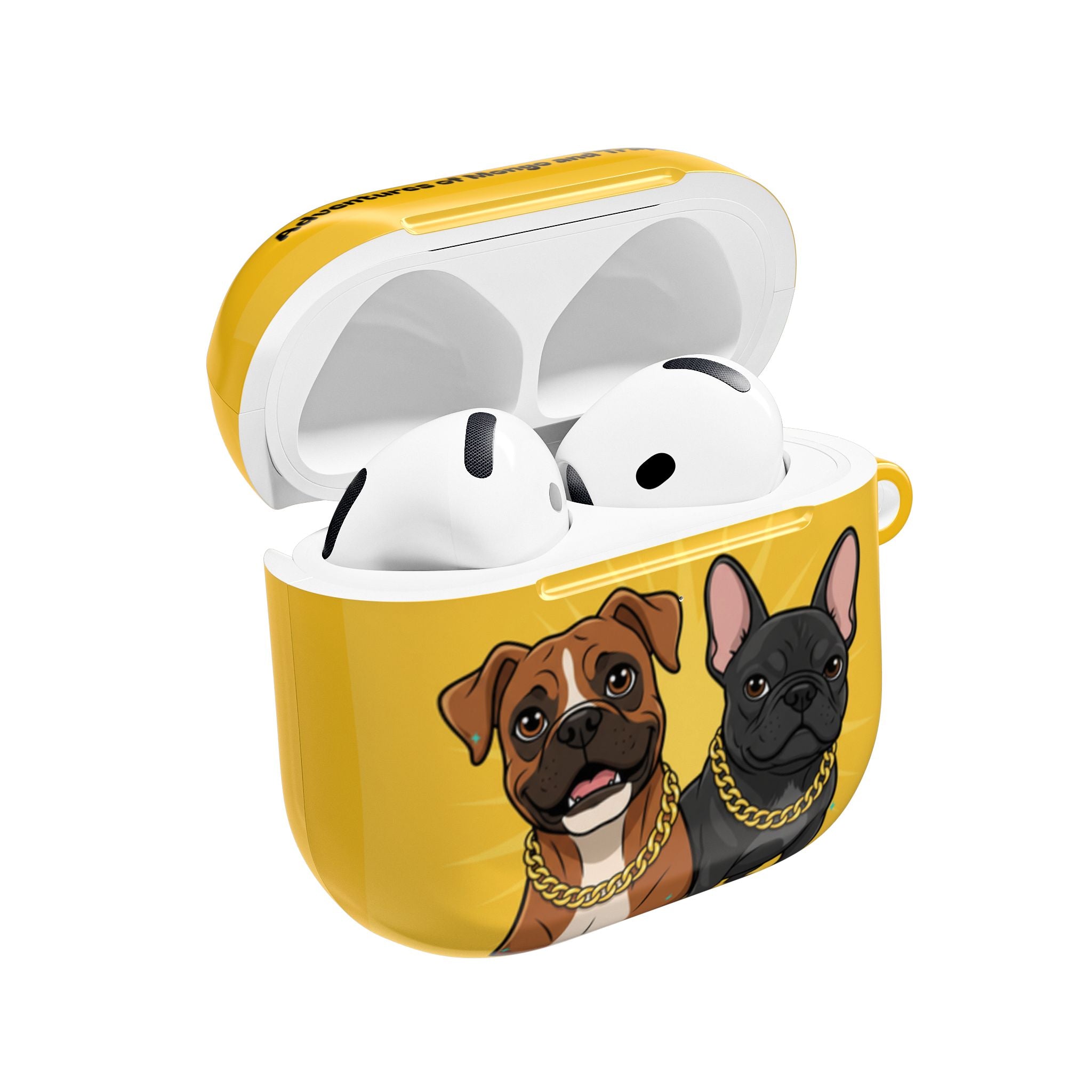 Yellow AirPods Case — 'Adventures of Mongo and Trappy' with Cartoon Boxer & French Bulldog