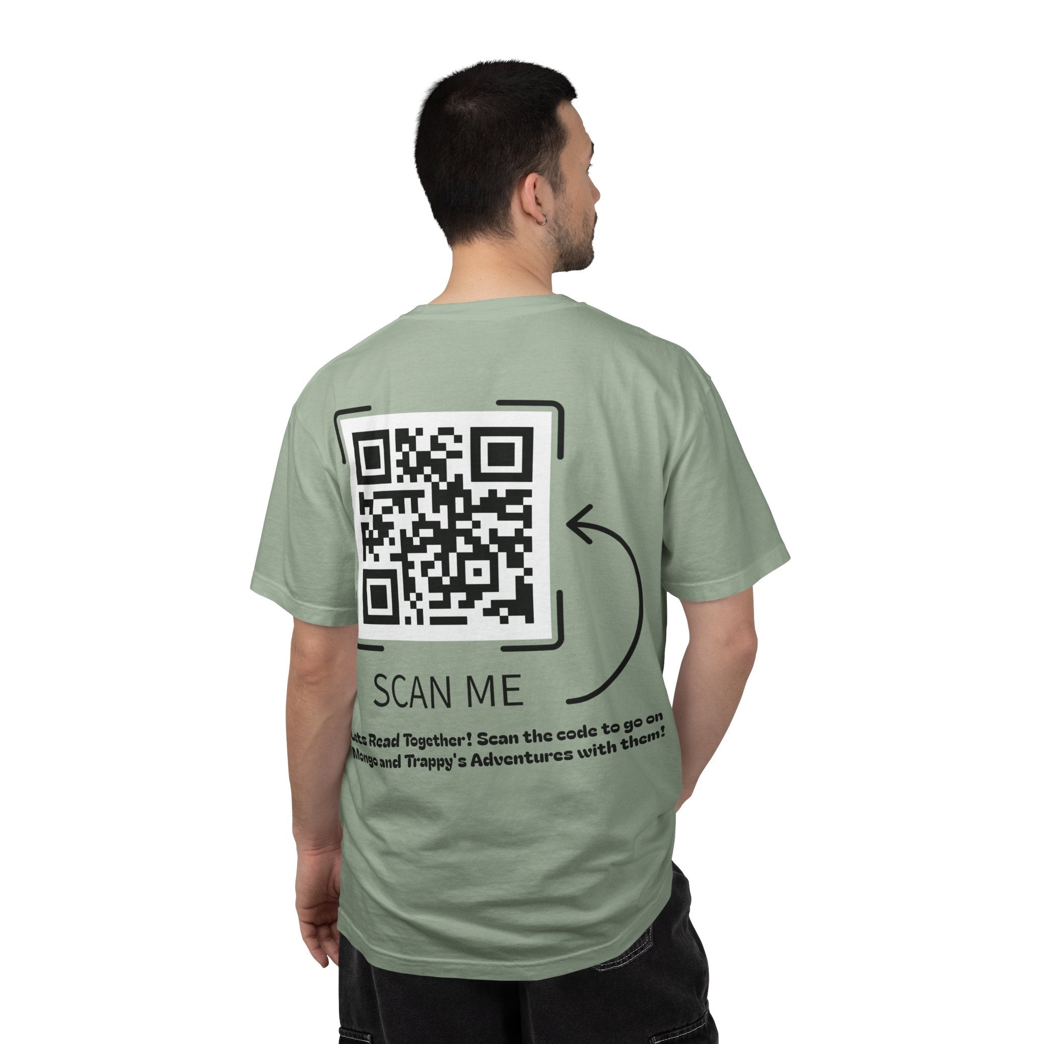 Adventures of Mongo & Trappy T-Shirt — Illustrated Dog Book Cover Tee with QR Code