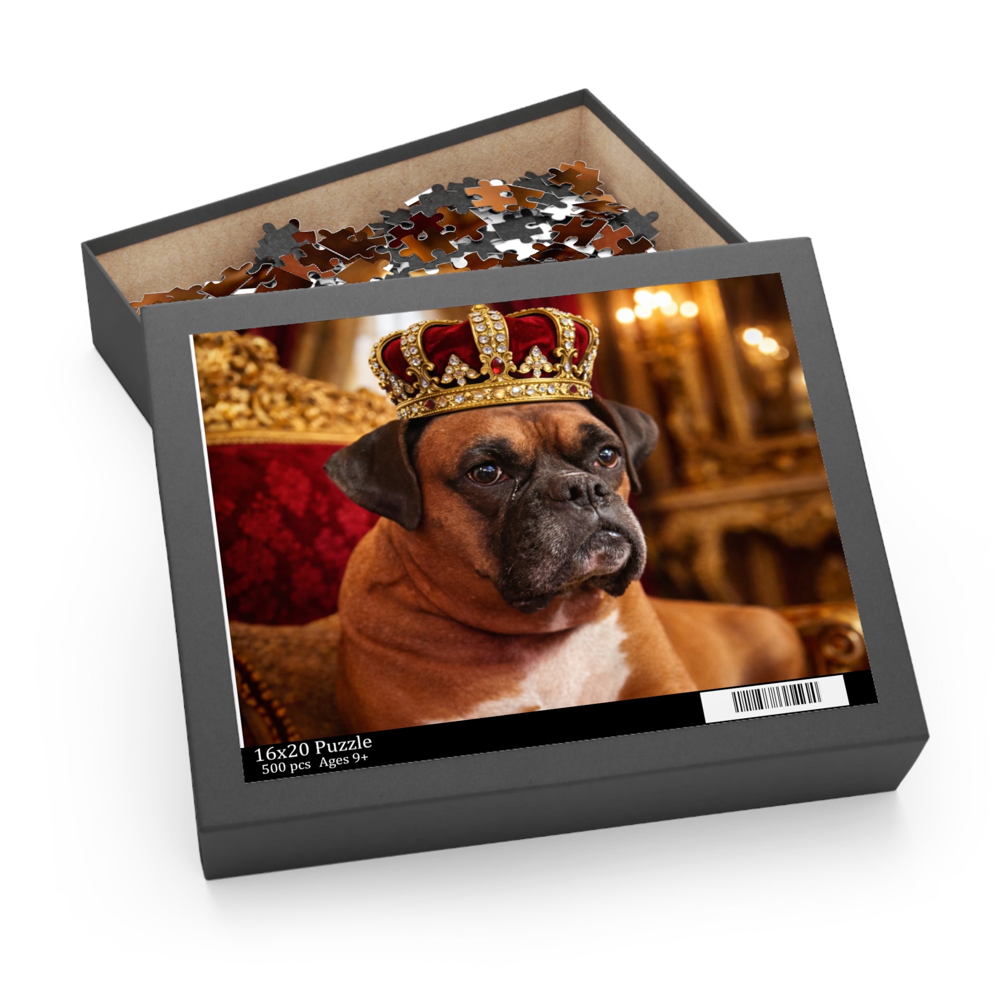 Royal Boxer Dog Puzzle — Crowned Pet Portrait Jigsaw (120/252/500 pcs)
