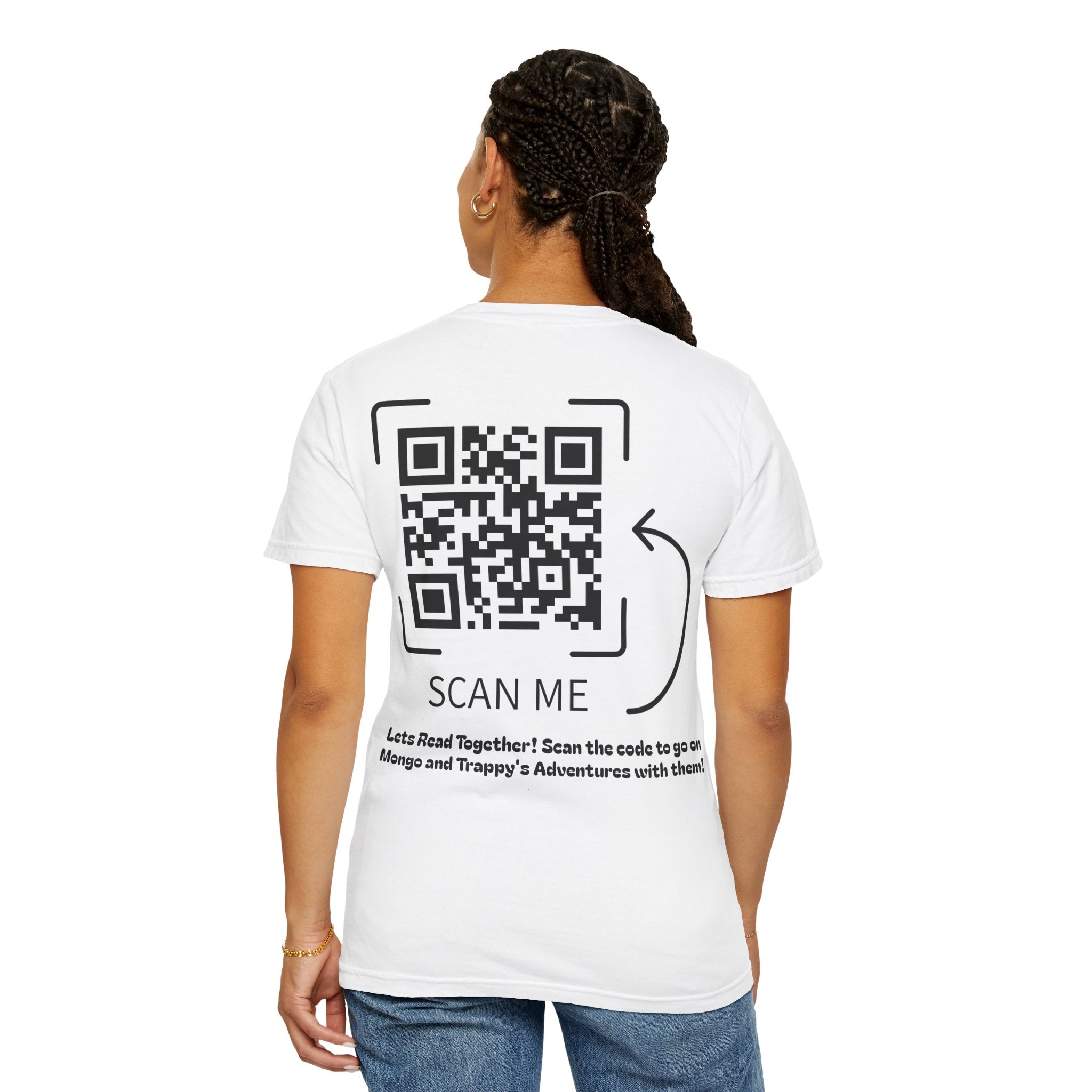 Adventures of Mongo & Trappy T-Shirt — Illustrated Dog Book Cover Tee with QR Code