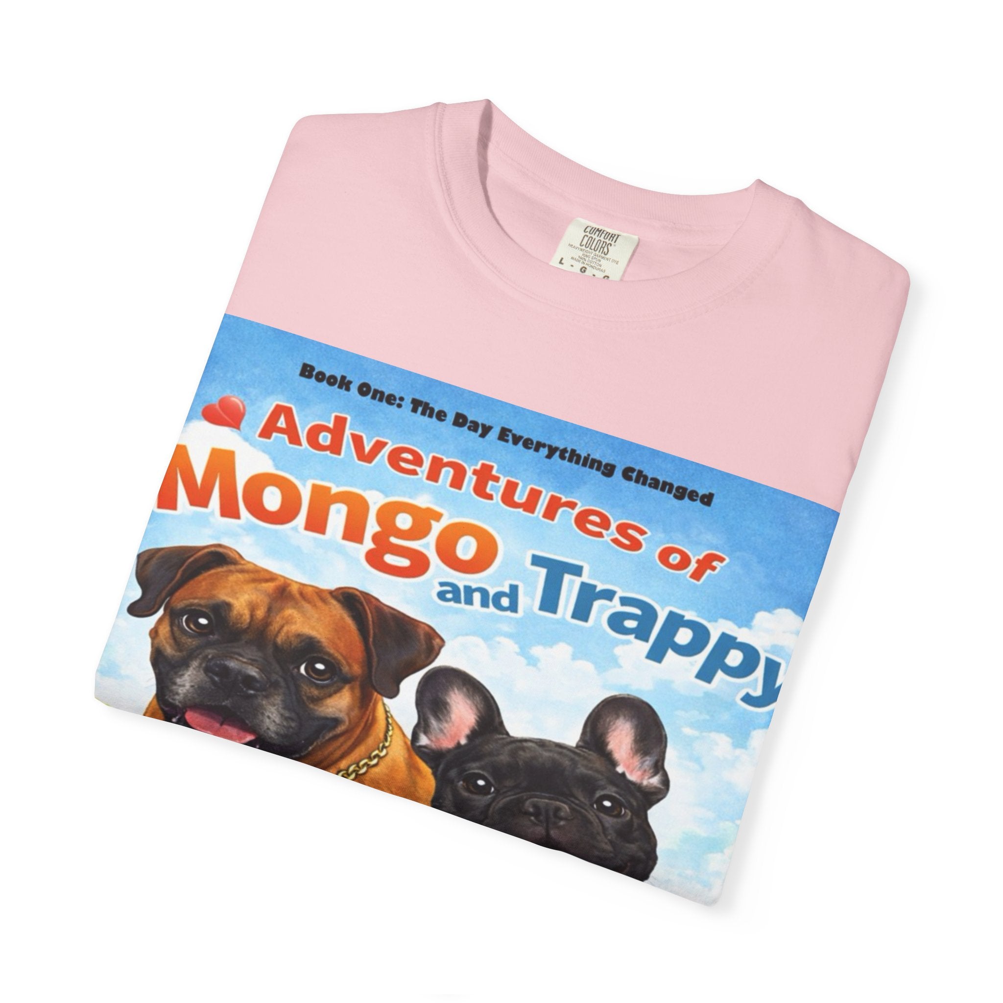 Adventures of Mongo & Trappy T-Shirt — Illustrated Dog Book Cover Tee with QR Code