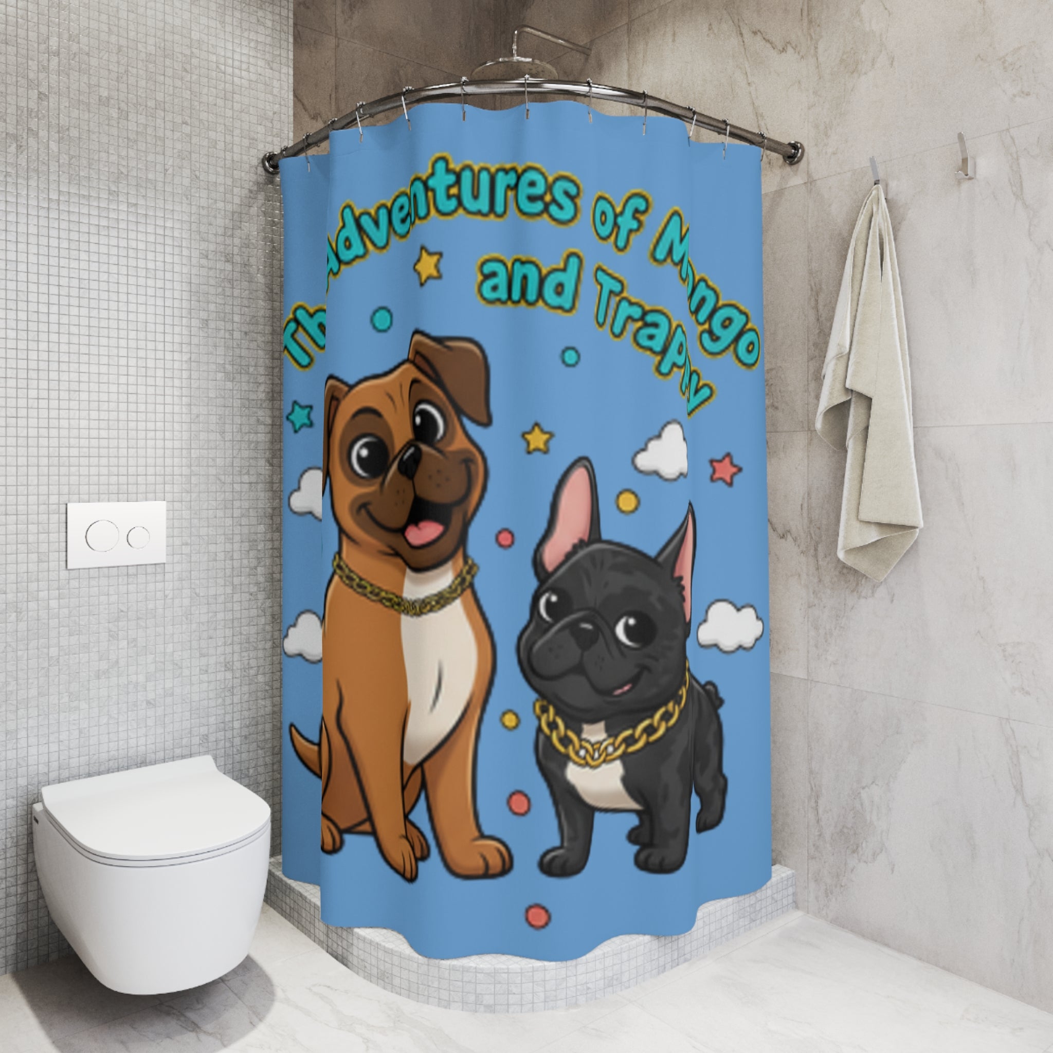 The Adventures of Mongo and Trappy Shower Curtain — Cute Cartoon Dog Bathroom Decor