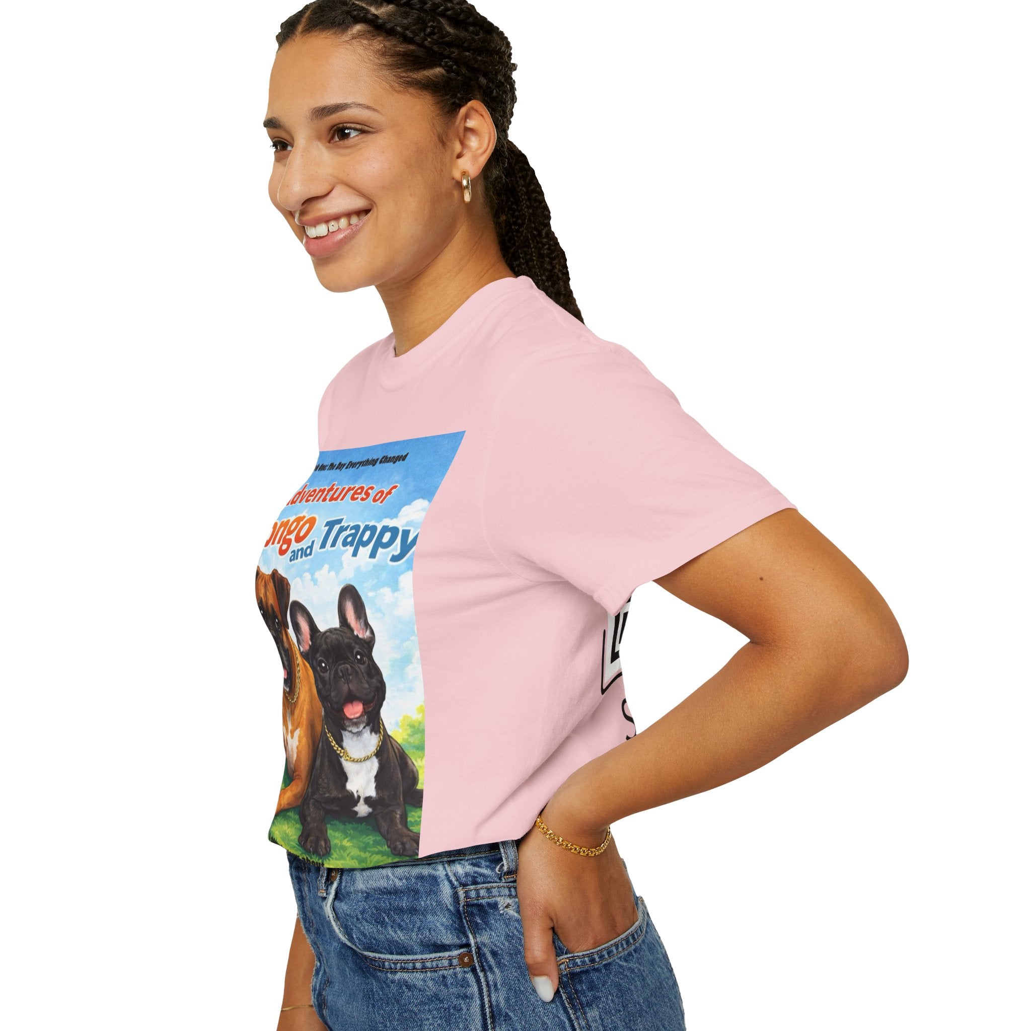 Adventures of Mongo & Trappy T-Shirt — Illustrated Dog Book Cover Tee with QR Code