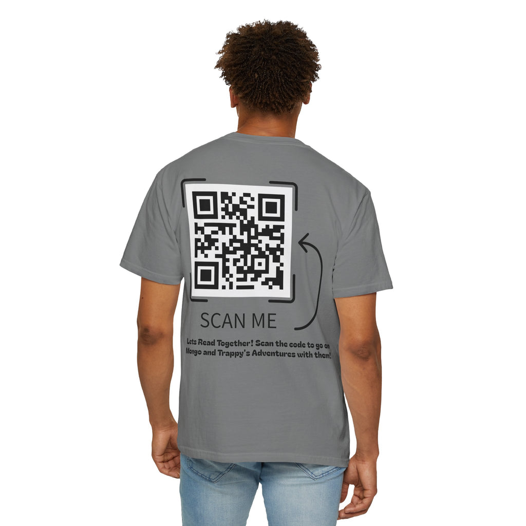 Adventures of Mongo & Trappy T-Shirt — Illustrated Dog Book Cover Tee with QR Code