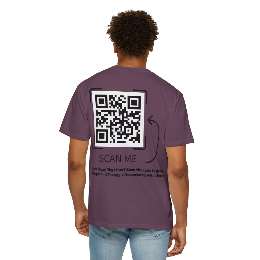 Adventures of Mongo & Trappy T-Shirt — Illustrated Dog Book Cover Tee with QR Code