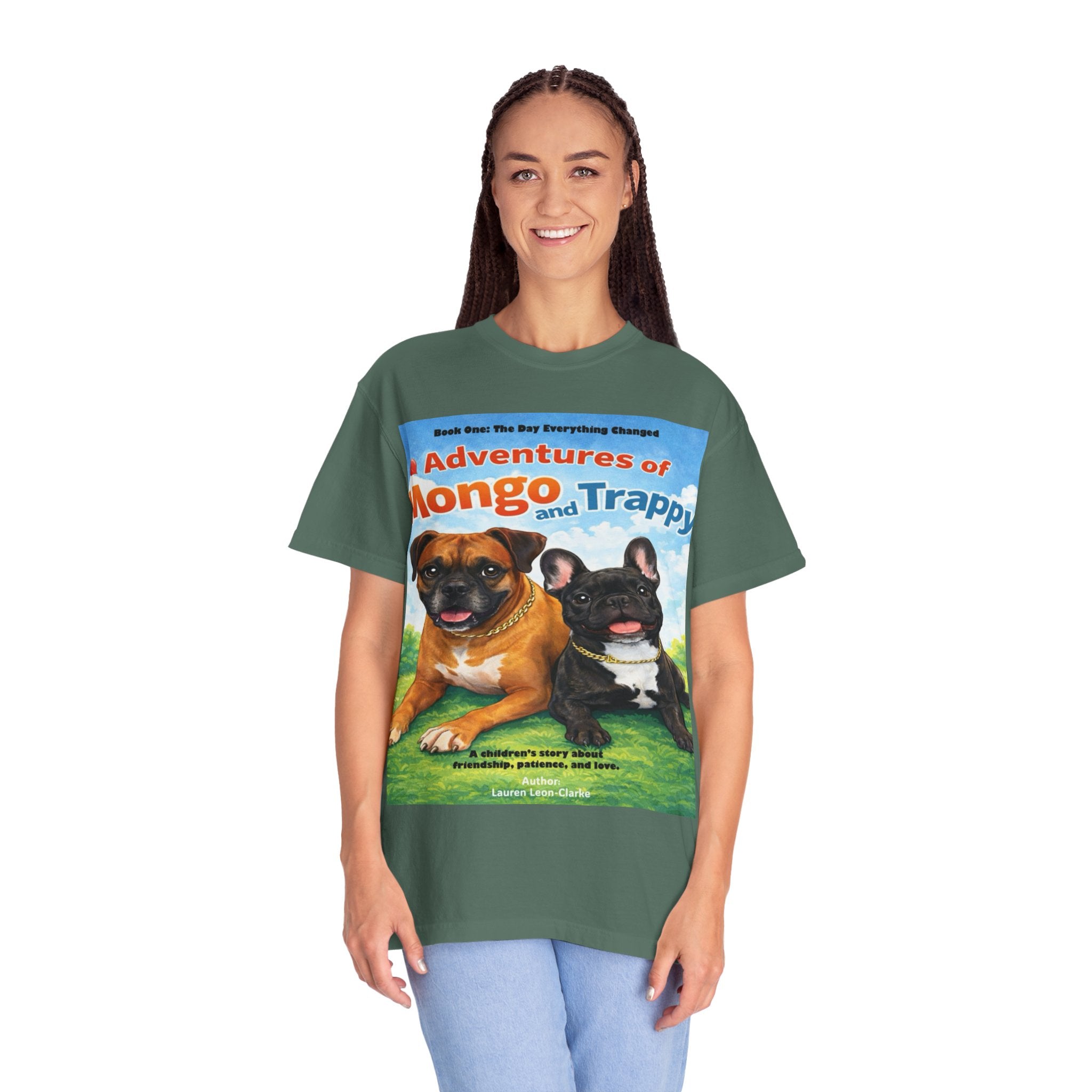 Adventures of Mongo & Trappy T-Shirt — Illustrated Dog Book Cover Tee with QR Code