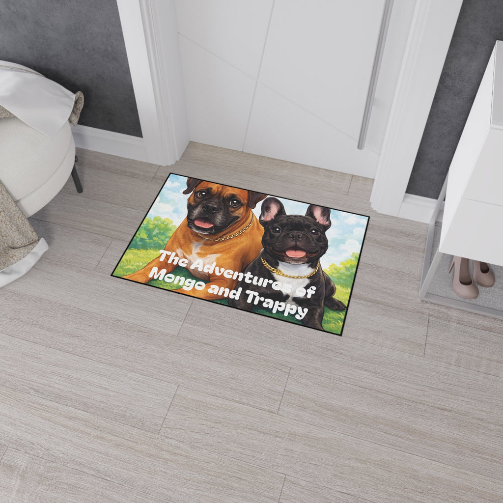 Personalized Dog Floor Mat — "The Adventures of Mongo and Trappy" Heavy-Duty Welcome Mat