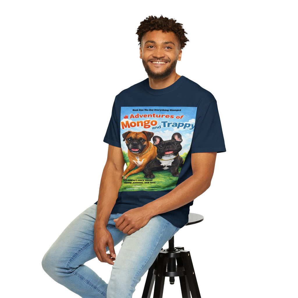 Adventures of Mongo & Trappy T-Shirt — Illustrated Dog Book Cover Tee with QR Code