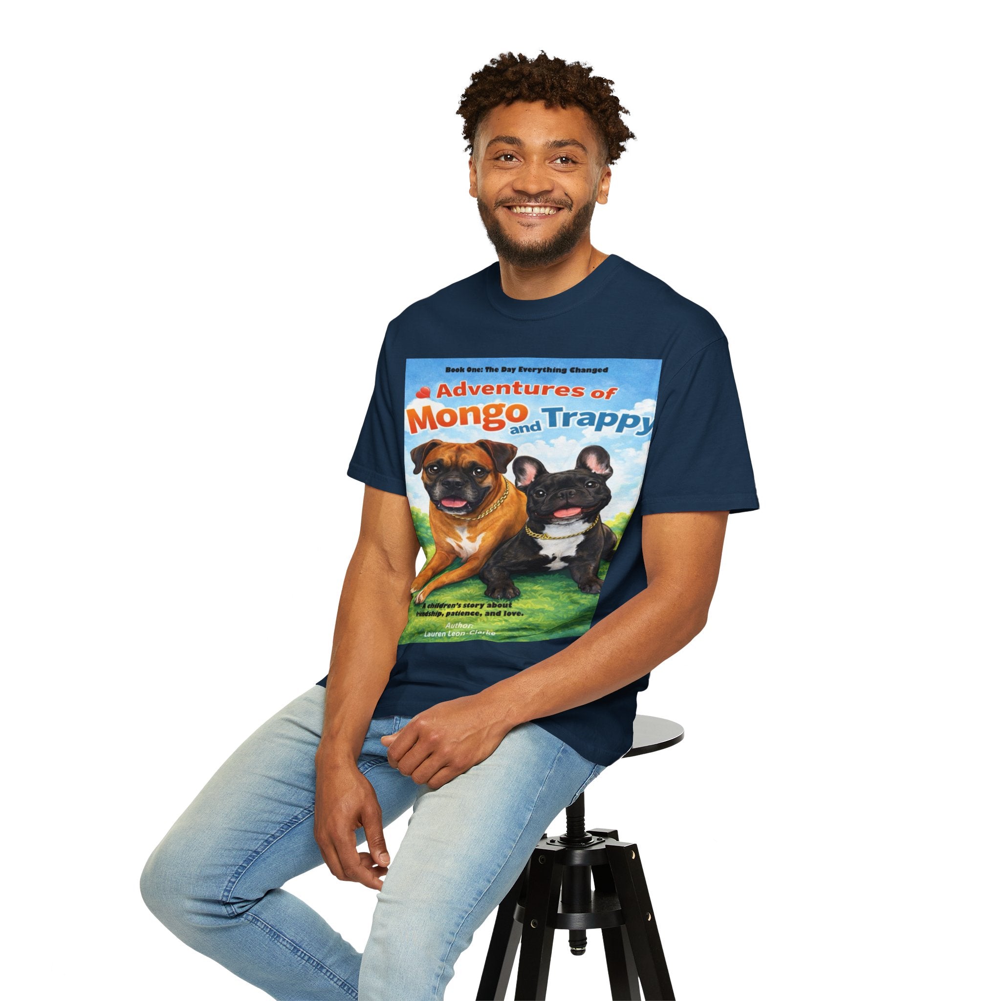 Adventures of Mongo & Trappy T-Shirt — Illustrated Dog Book Cover Tee with QR Code