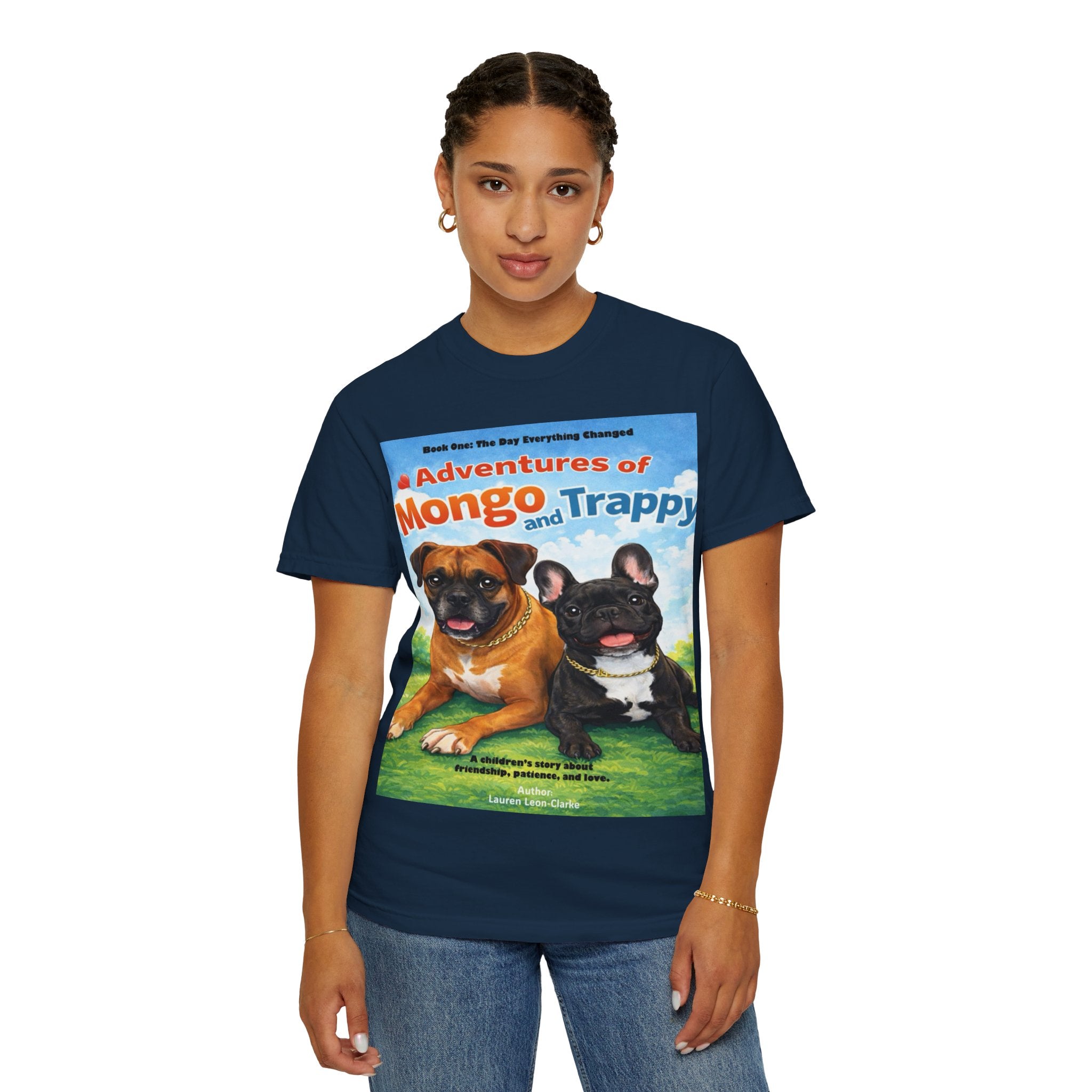 Adventures of Mongo & Trappy T-Shirt — Illustrated Dog Book Cover Tee with QR Code