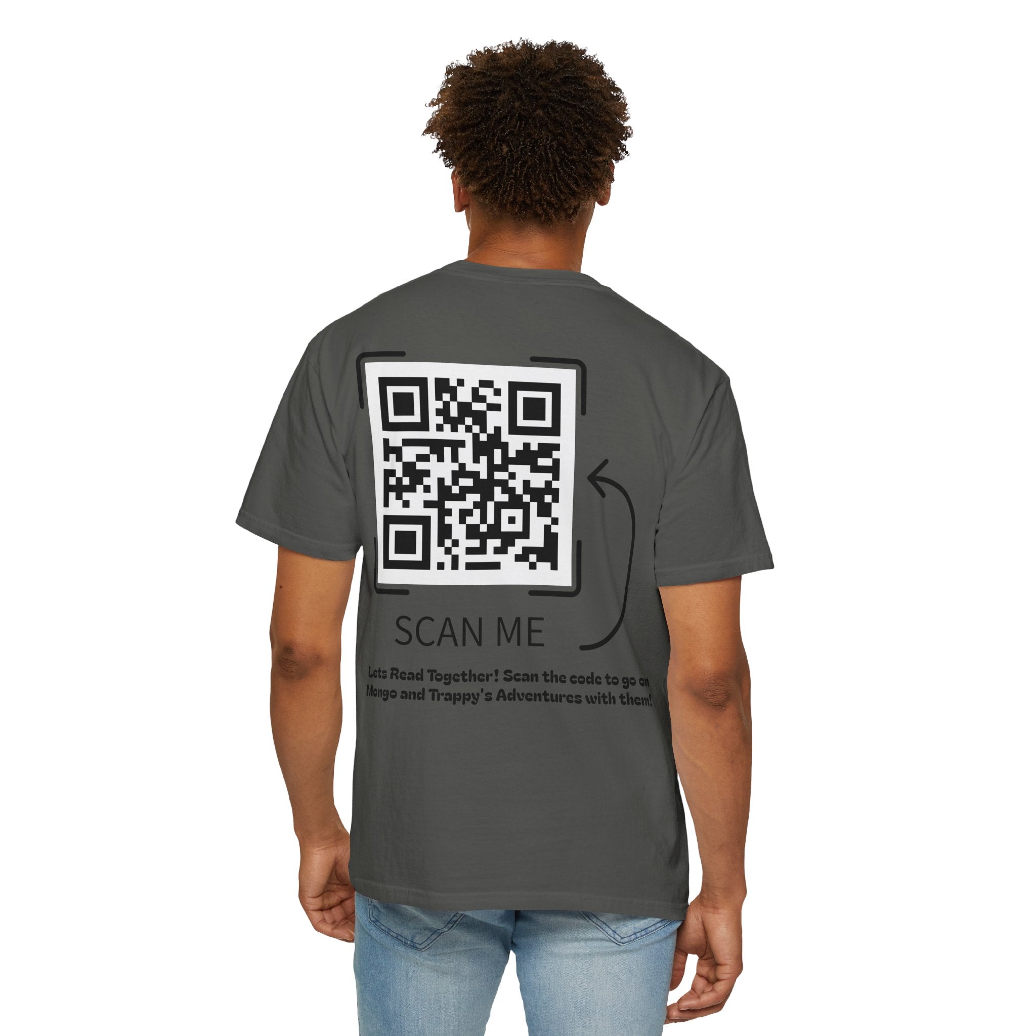 Adventures of Mongo & Trappy T-Shirt — Illustrated Dog Book Cover Tee with QR Code
