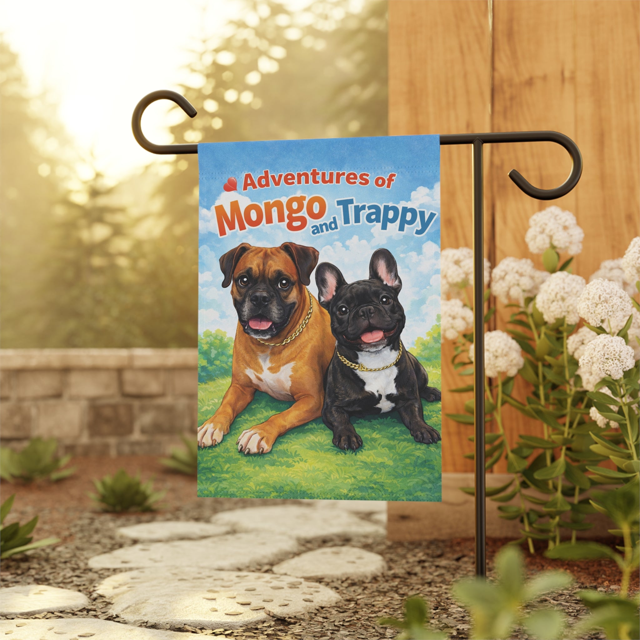 Garden Flag - "Adventures of Mongo and Trappy" Dog Welcome Banner