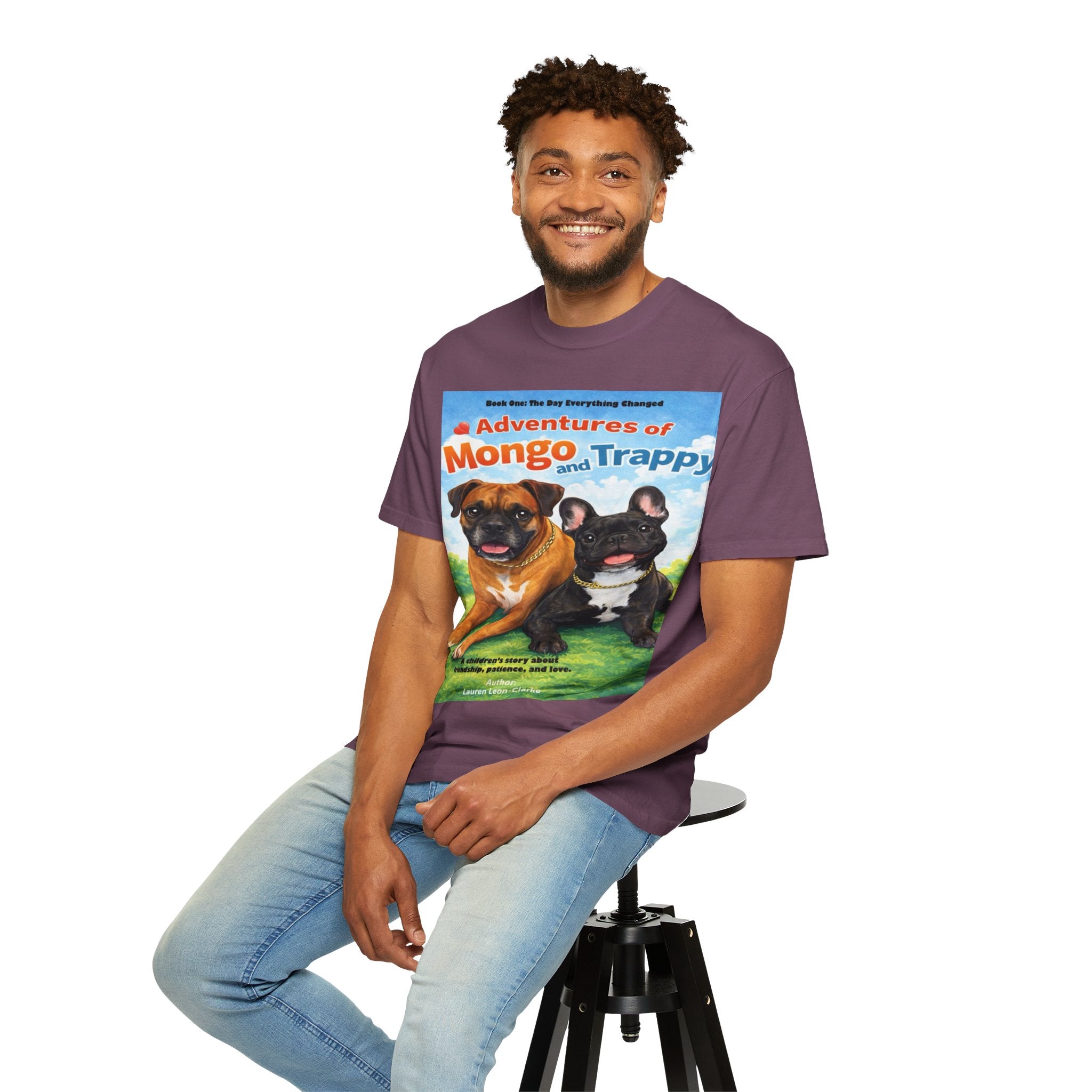 Adventures of Mongo & Trappy T-Shirt — Illustrated Dog Book Cover Tee with QR Code