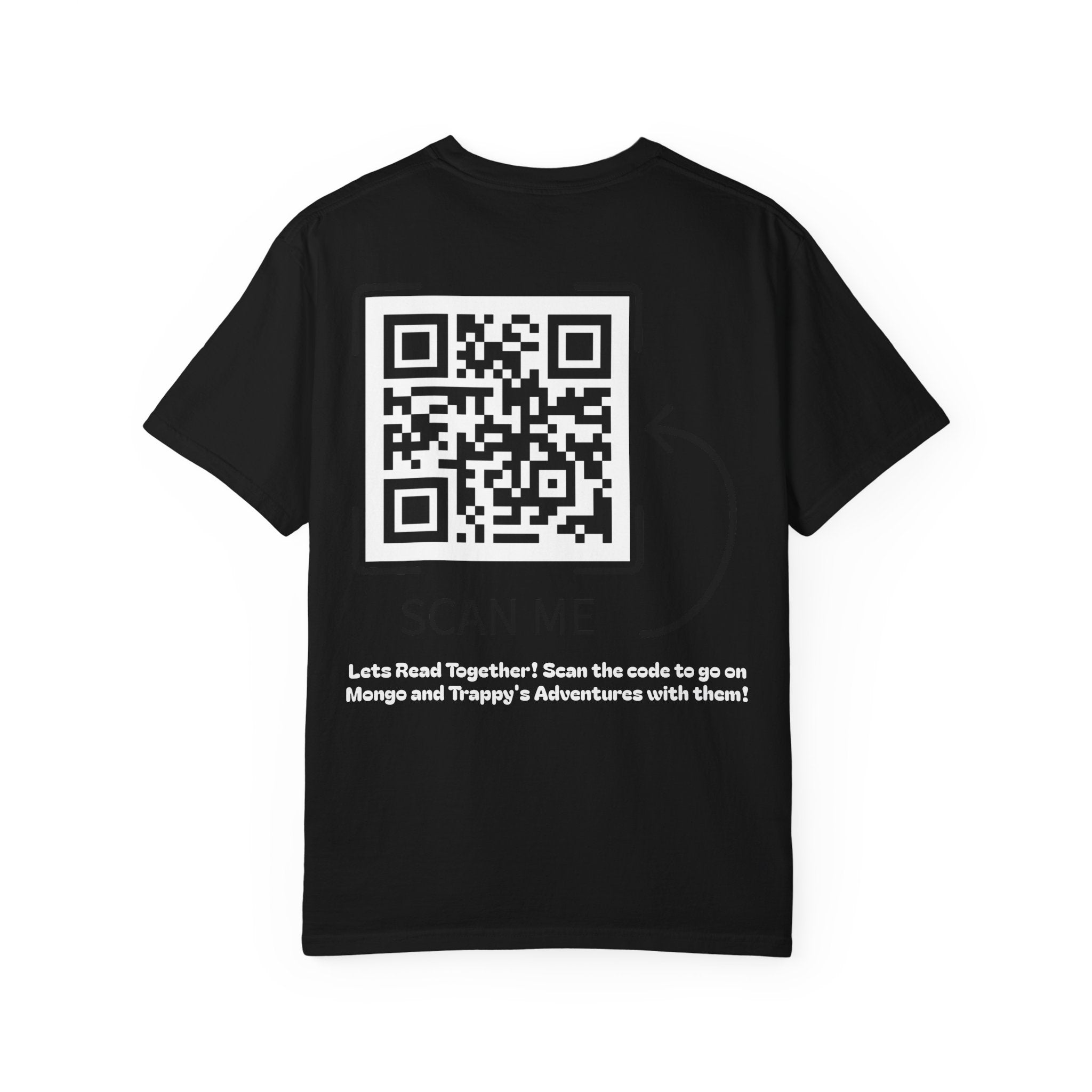 Adventures of Mongo & Trappy T-Shirt — Illustrated Dog Book Cover Tee with QR Code