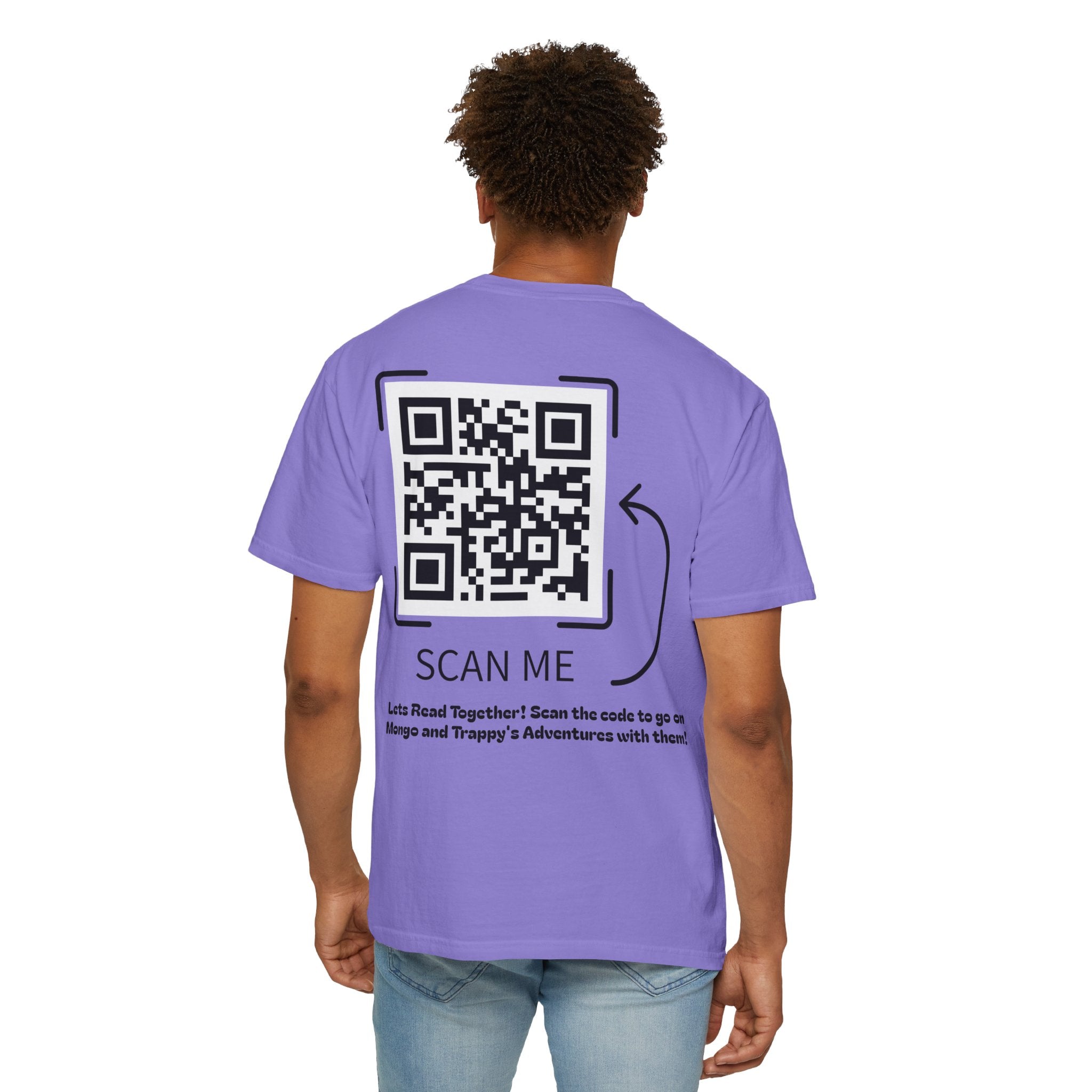 Adventures of Mongo & Trappy T-Shirt — Illustrated Dog Book Cover Tee with QR Code
