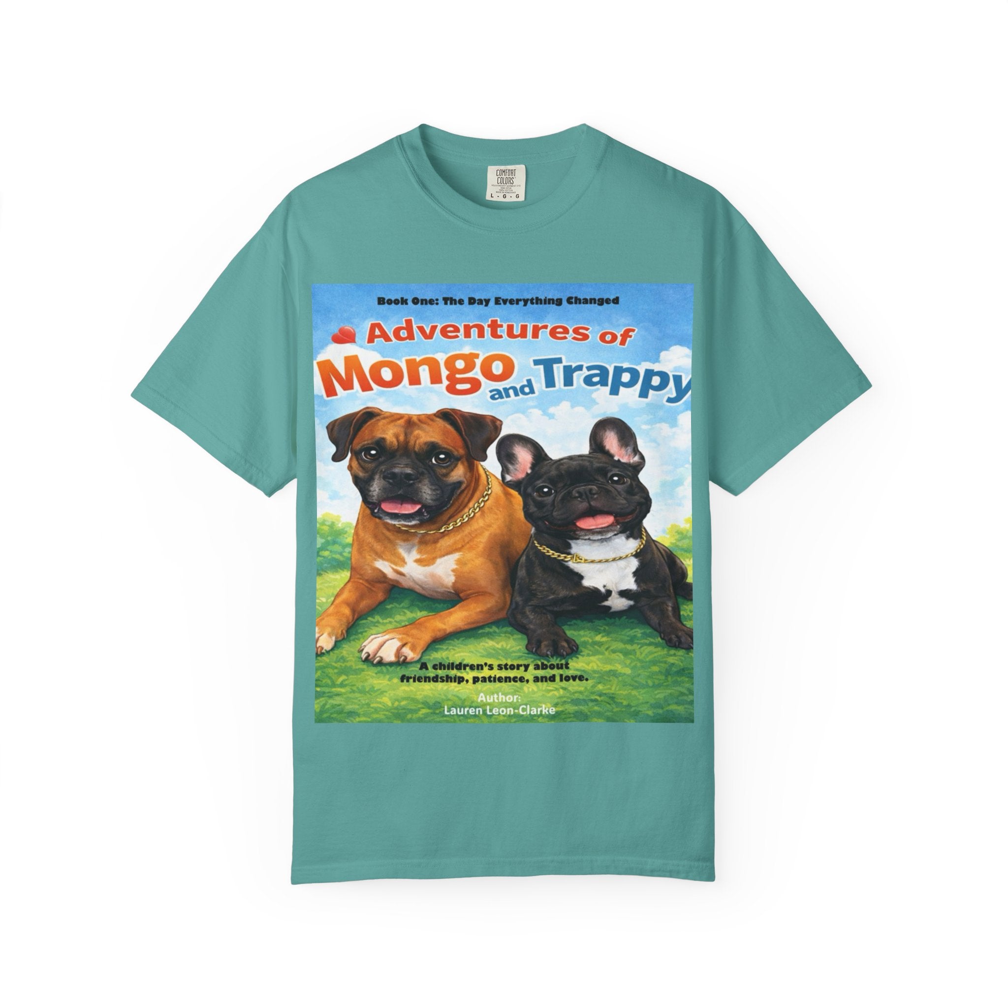Adventures of Mongo & Trappy T-Shirt — Illustrated Dog Book Cover Tee with QR Code