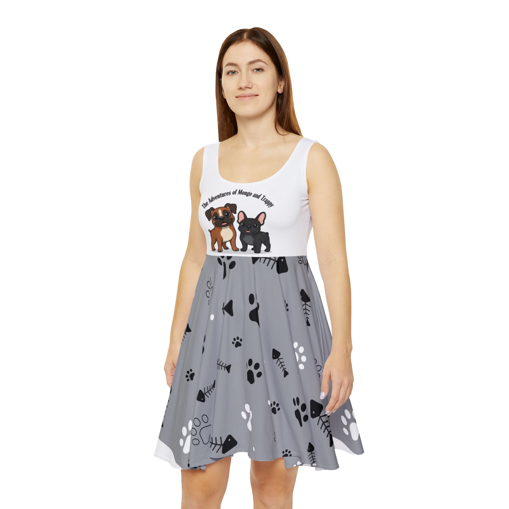 The Adventures of Mongo and Trappy Skater Dress — Cute Paw Print Dog Print Dress