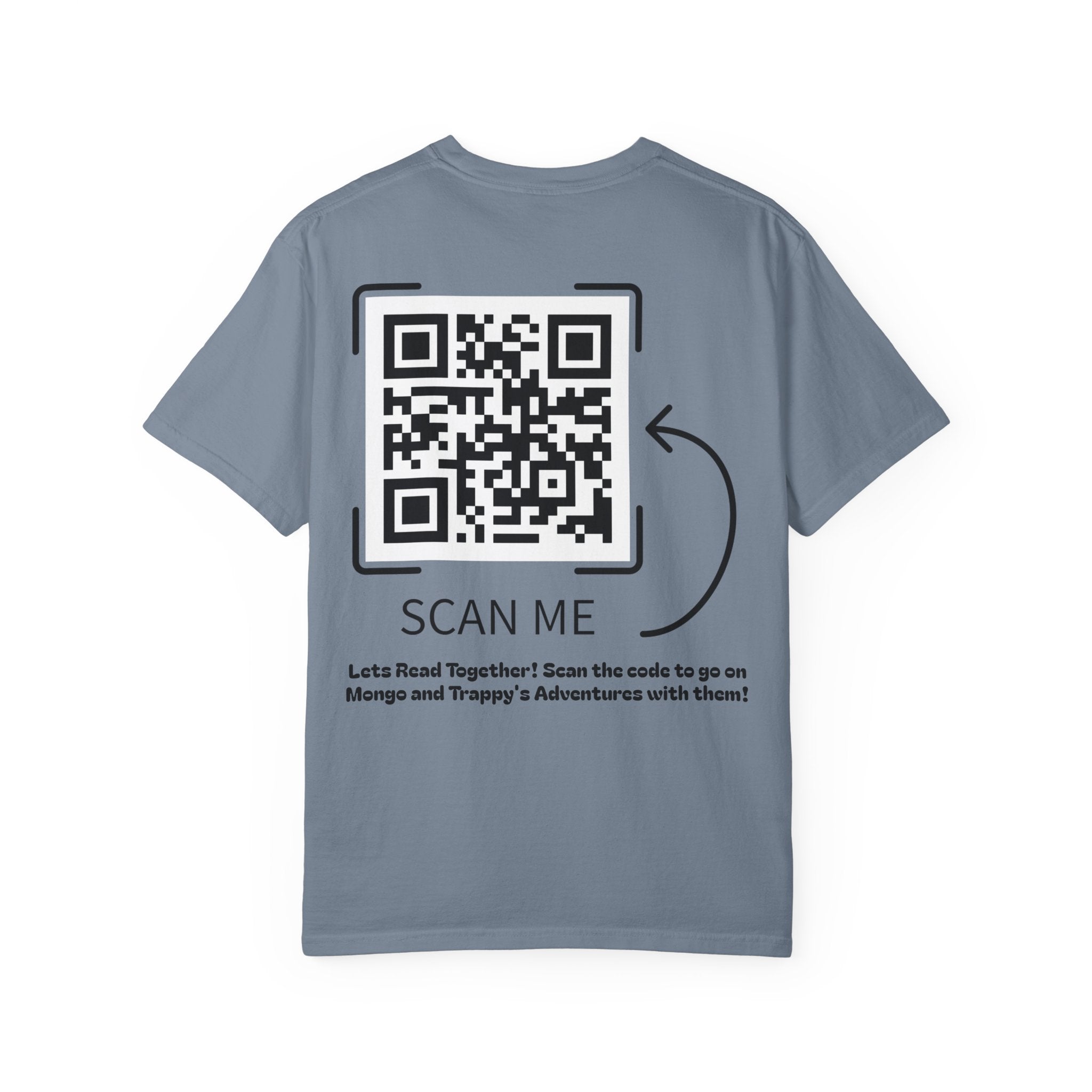 Adventures of Mongo & Trappy T-Shirt — Illustrated Dog Book Cover Tee with QR Code