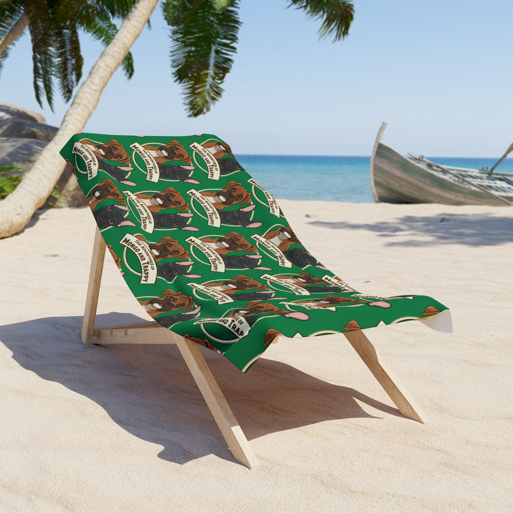 Boxer Dog Pattern Beach Towel — "Rescue and Train" Green Beach Towel