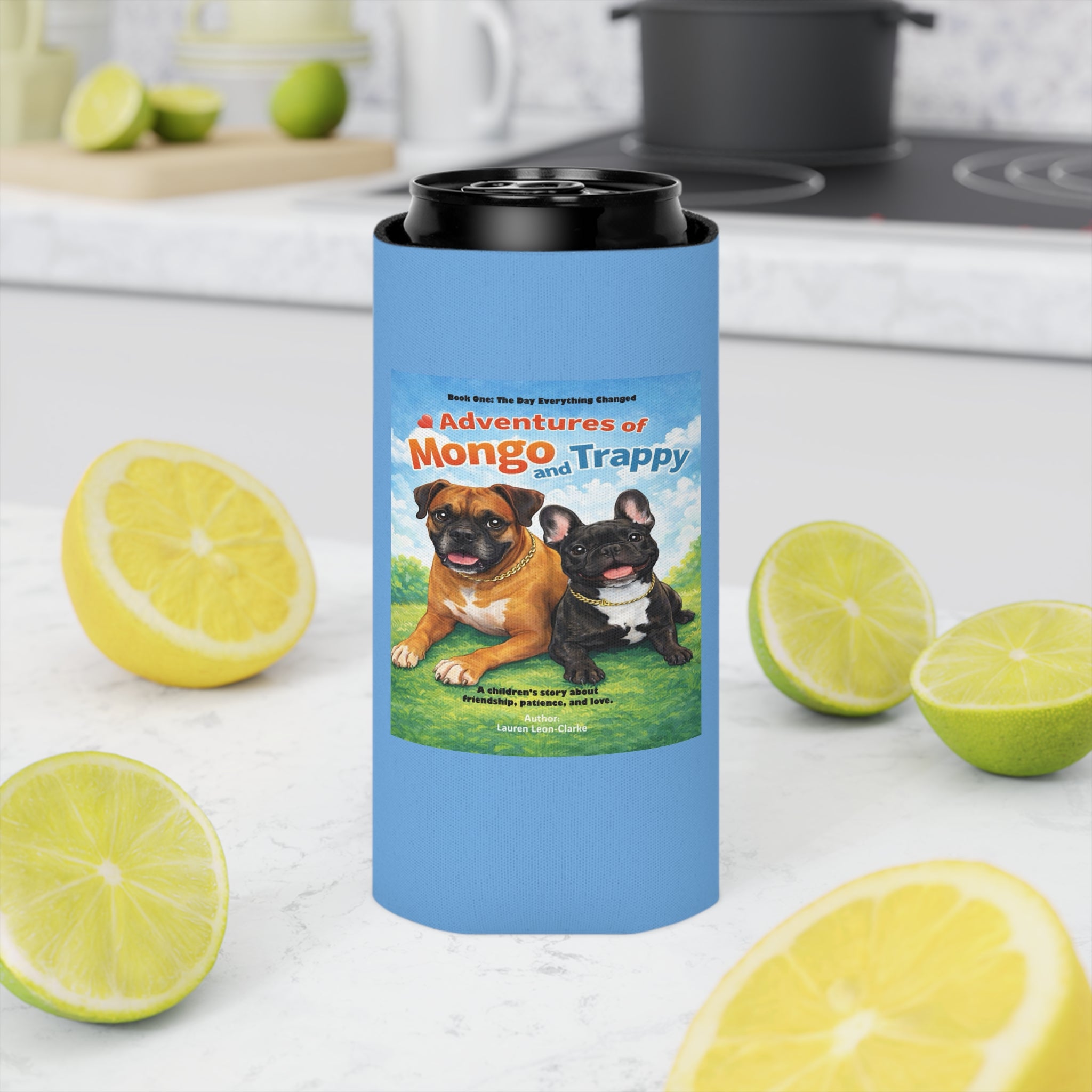 Can Cooler — 'Adventures of Mongo and Trappy' Book Cover Design with QR Code
