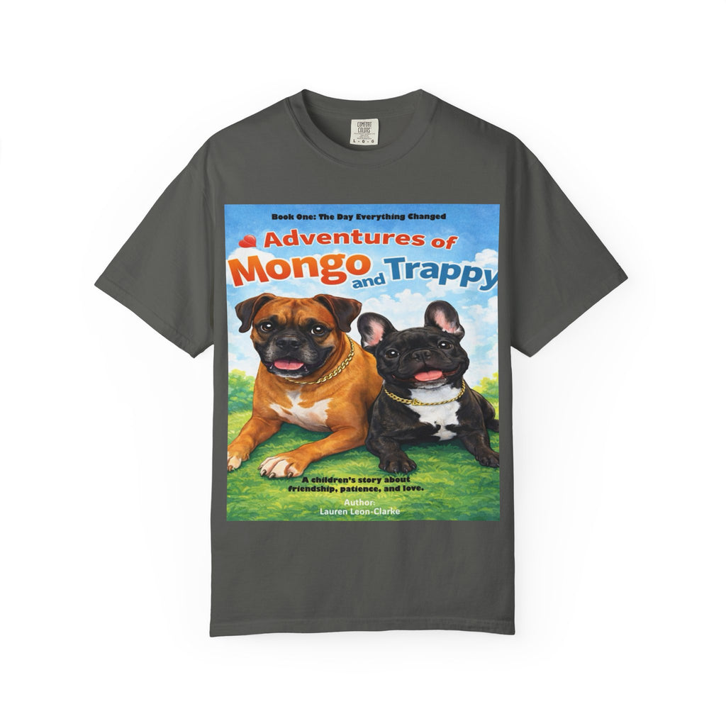 Adventures of Mongo & Trappy T-Shirt — Illustrated Dog Book Cover Tee with QR Code
