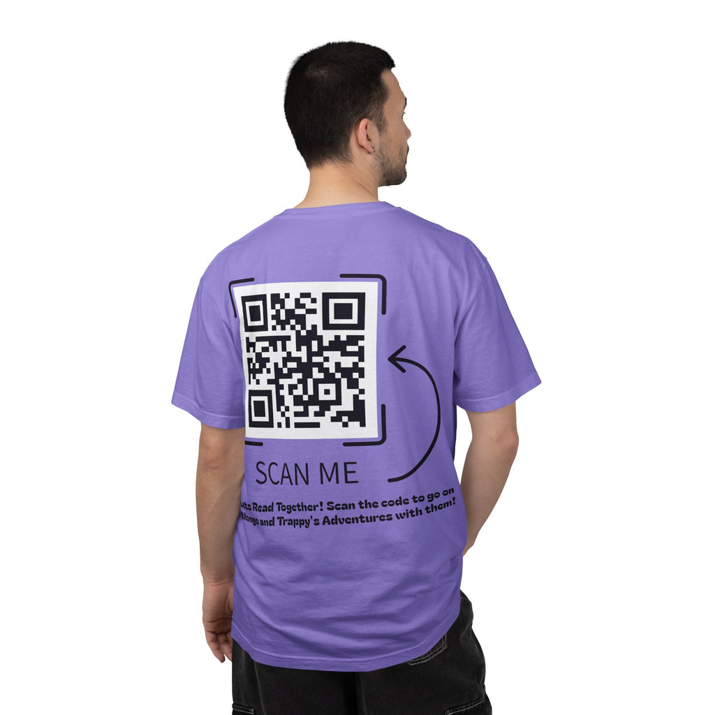 Adventures of Mongo & Trappy T-Shirt — Illustrated Dog Book Cover Tee with QR Code