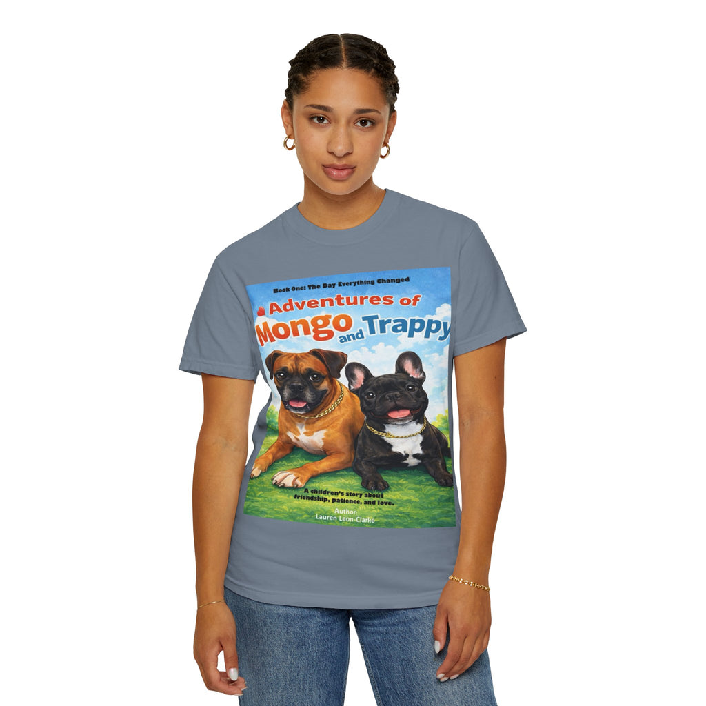 Adventures of Mongo & Trappy T-Shirt — Illustrated Dog Book Cover Tee with QR Code