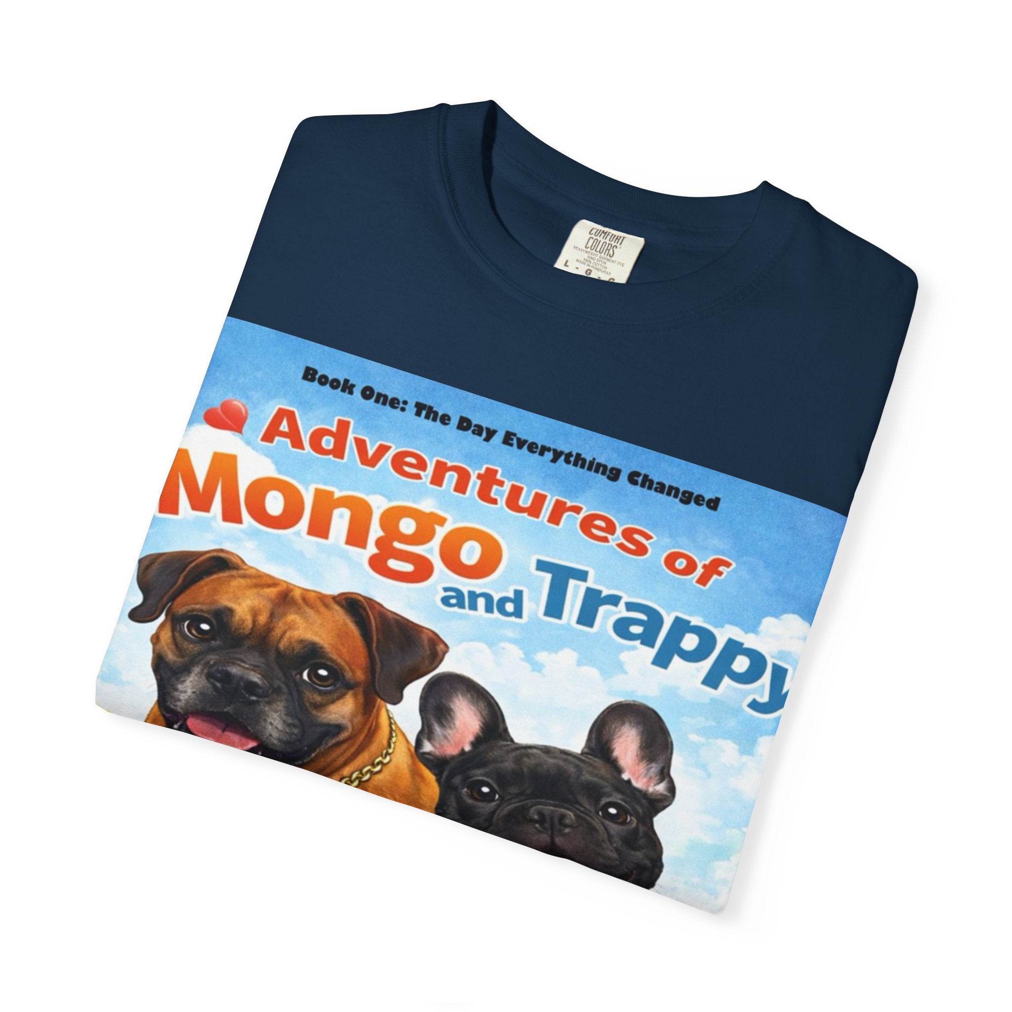 Adventures of Mongo & Trappy T-Shirt — Illustrated Dog Book Cover Tee with QR Code