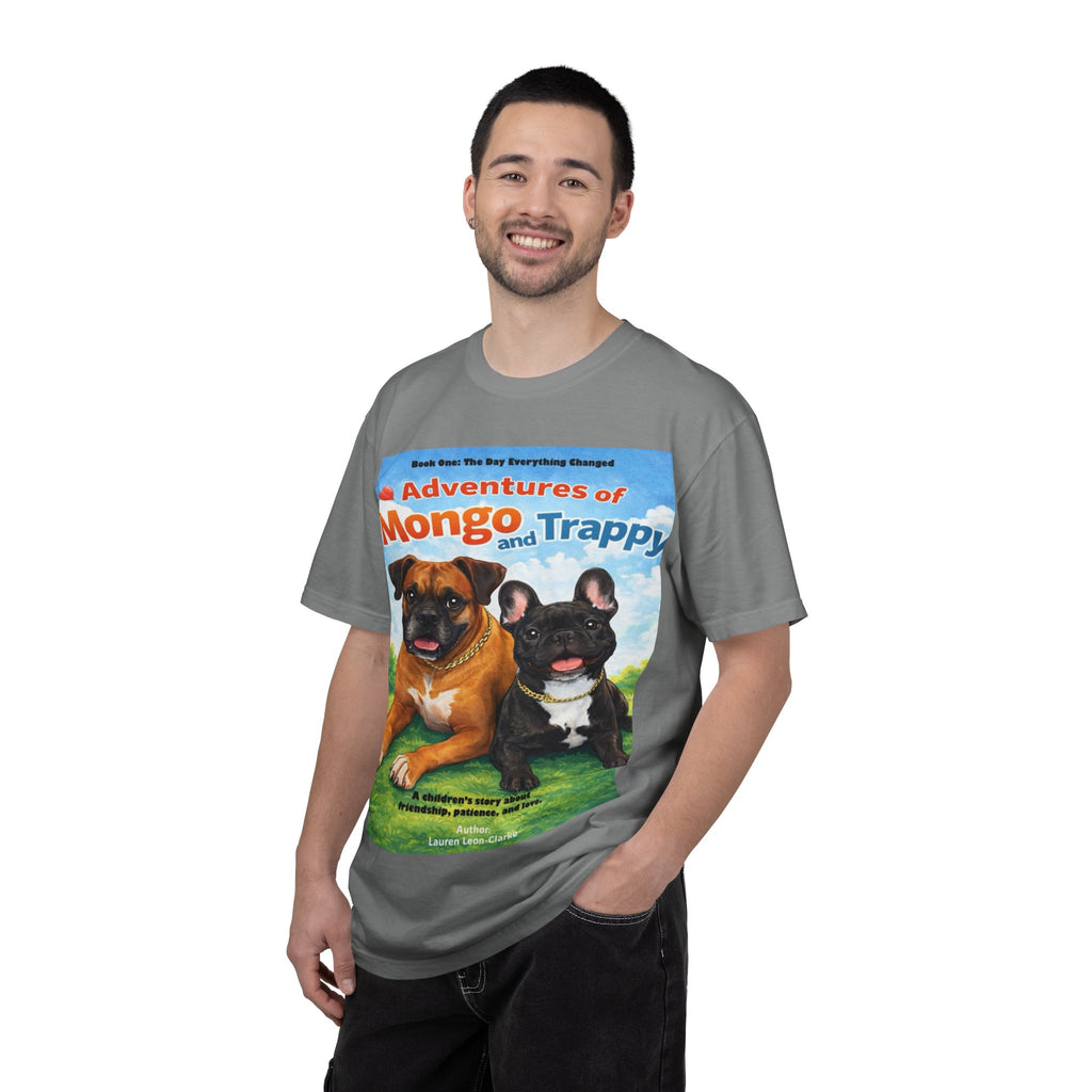 Adventures of Mongo & Trappy T-Shirt — Illustrated Dog Book Cover Tee with QR Code