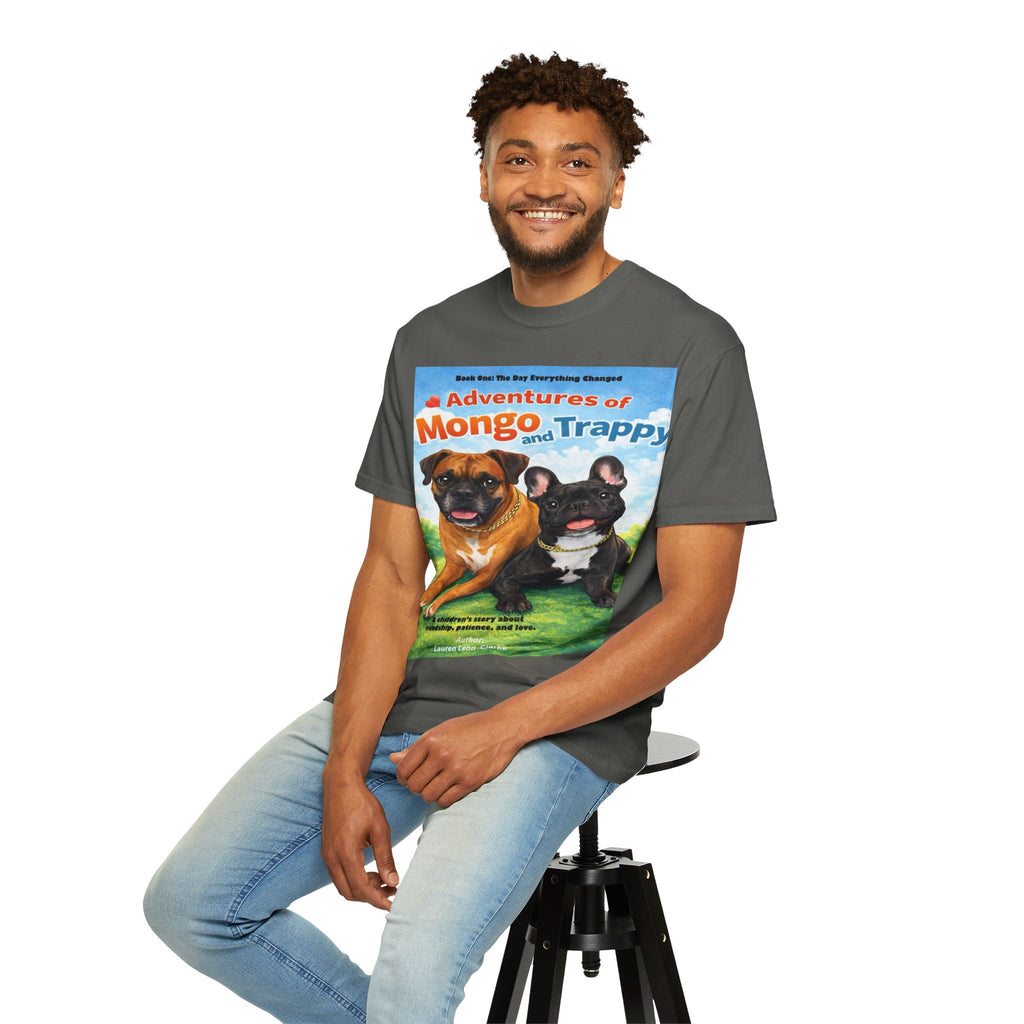 Adventures of Mongo & Trappy T-Shirt — Illustrated Dog Book Cover Tee with QR Code