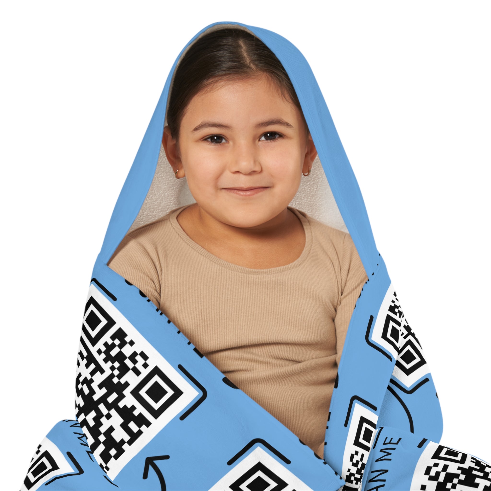 Youth Hooded Towel — "The Adventures of Mongo and Trappy" Cartoon Dogs Beach Towel with QR Code Design