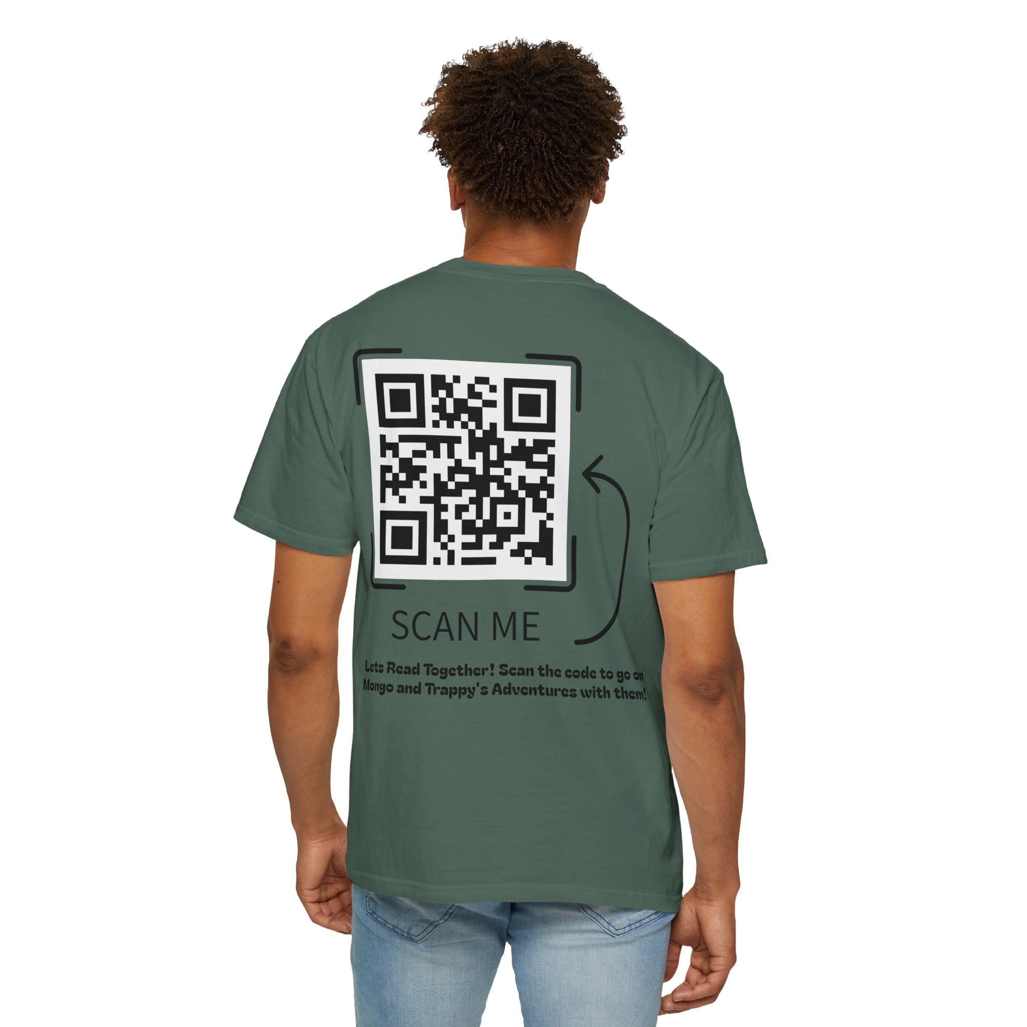 Adventures of Mongo & Trappy T-Shirt — Illustrated Dog Book Cover Tee with QR Code