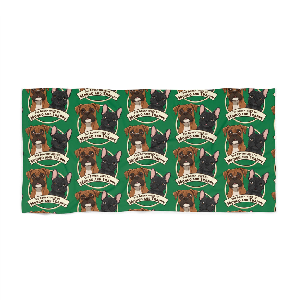 Boxer Dog Pattern Beach Towel — "Rescue and Train" Green Beach Towel