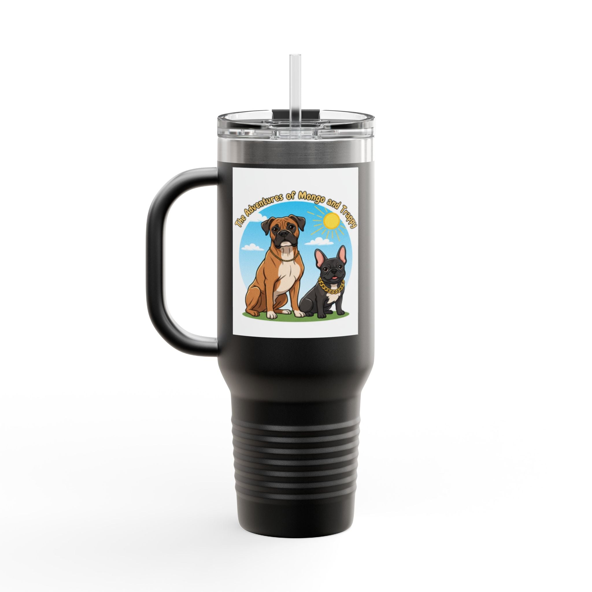 40oz Insulated Travel Mug — "My Adventures with Mongo and Trapper" Dog Portrait Tumbler