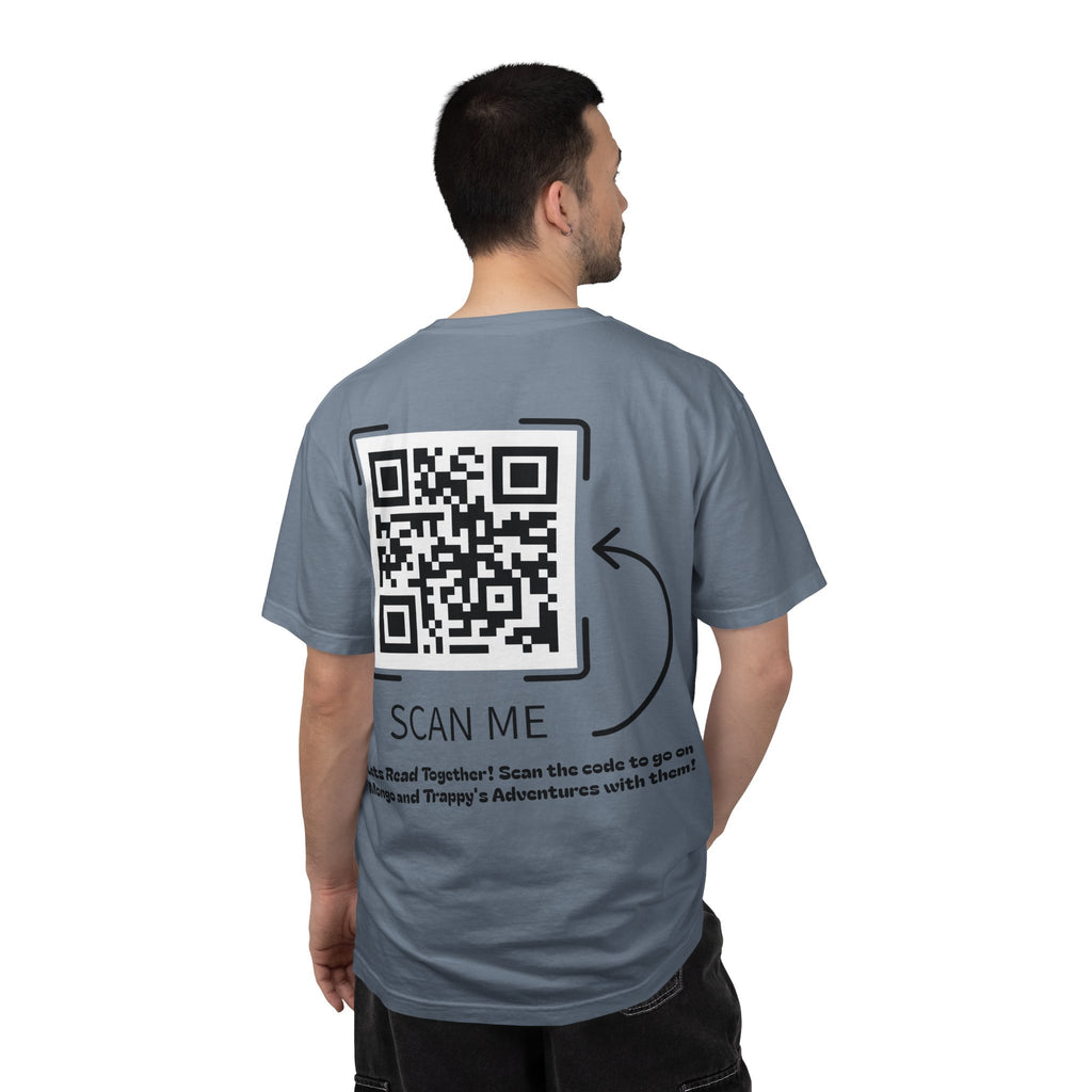 Adventures of Mongo & Trappy T-Shirt — Illustrated Dog Book Cover Tee with QR Code