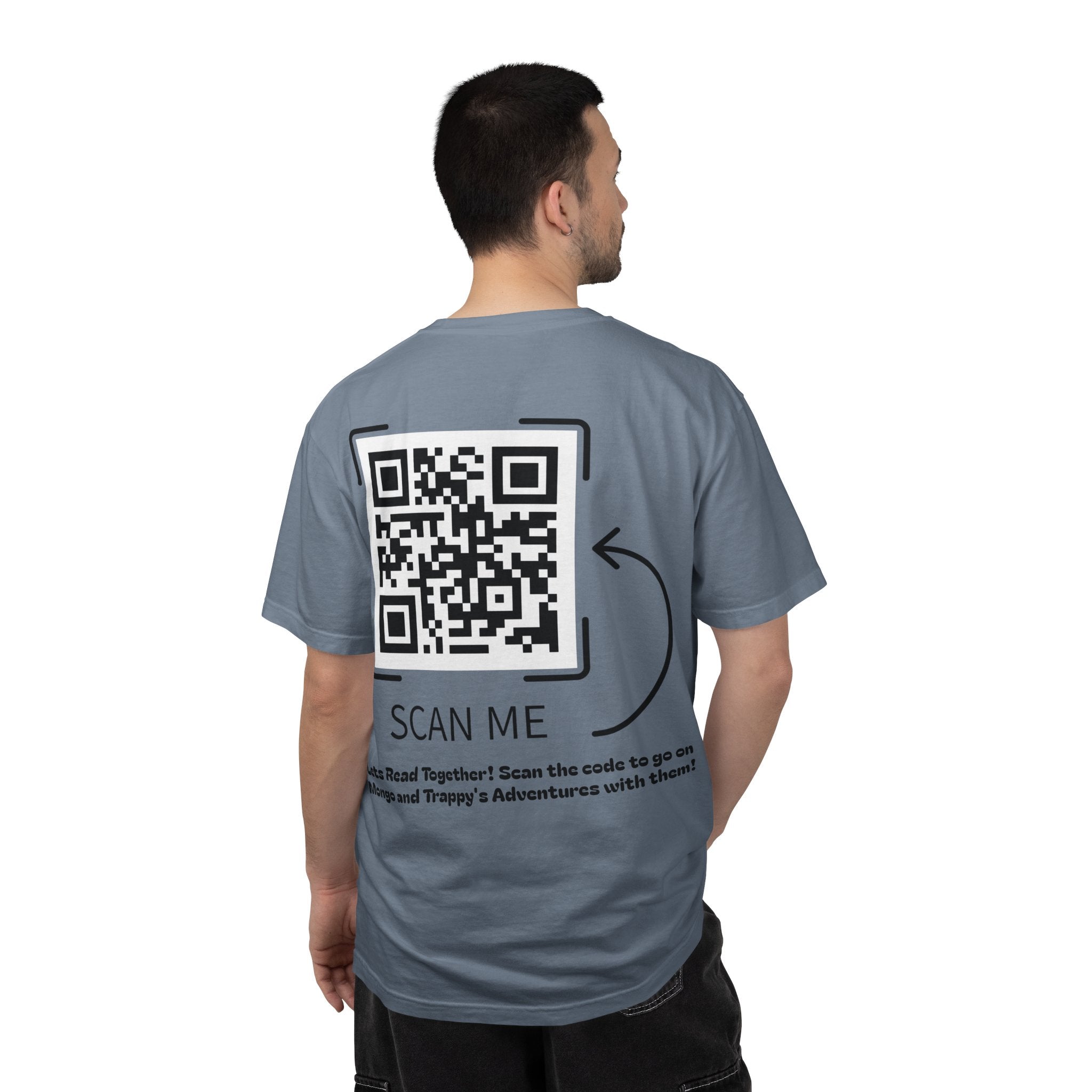 Adventures of Mongo & Trappy T-Shirt — Illustrated Dog Book Cover Tee with QR Code