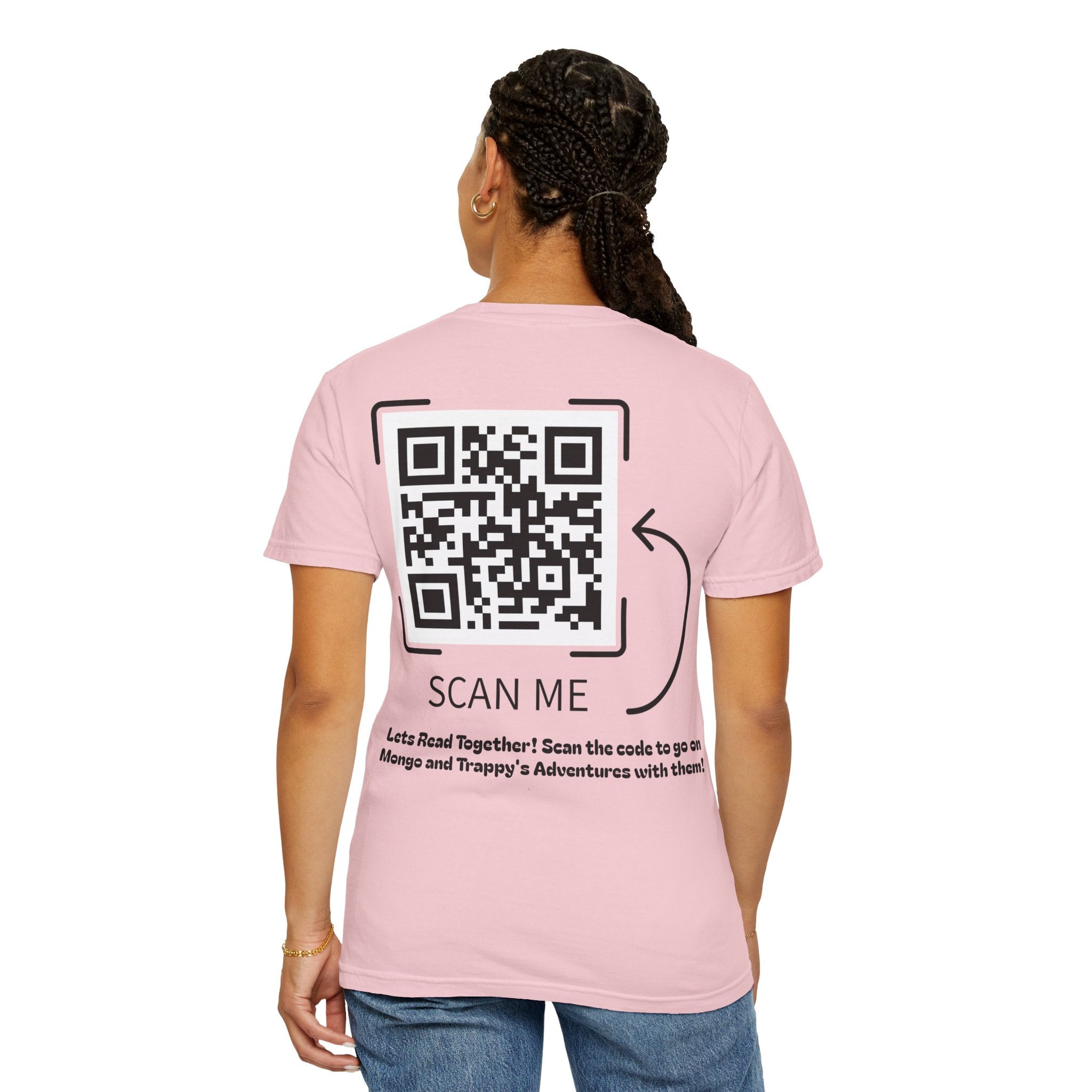 Adventures of Mongo & Trappy T-Shirt — Illustrated Dog Book Cover Tee with QR Code