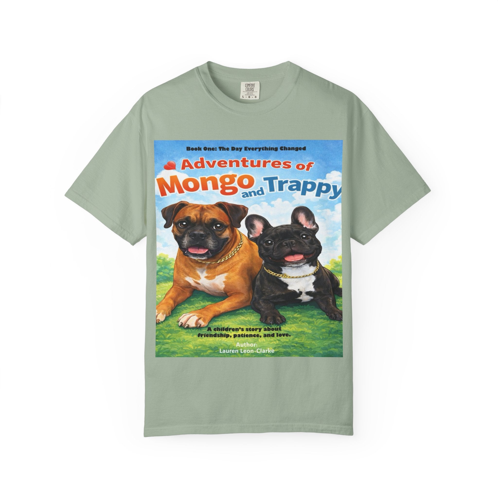 Adventures of Mongo & Trappy T-Shirt — Illustrated Dog Book Cover Tee with QR Code