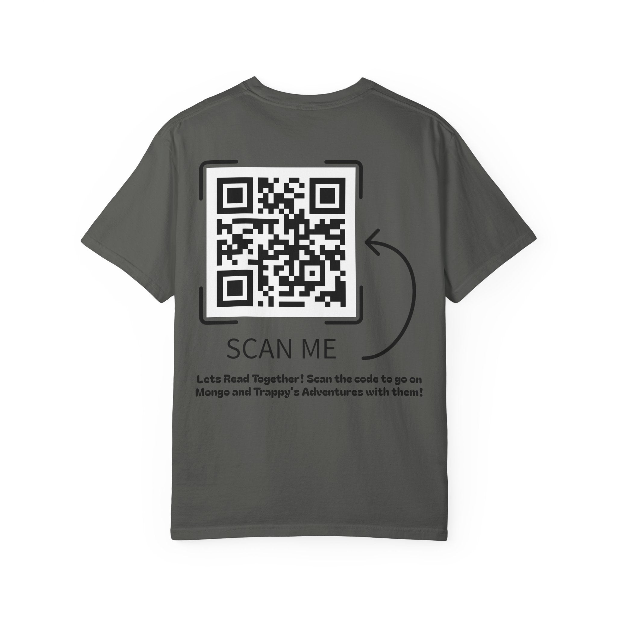 Adventures of Mongo & Trappy T-Shirt — Illustrated Dog Book Cover Tee with QR Code
