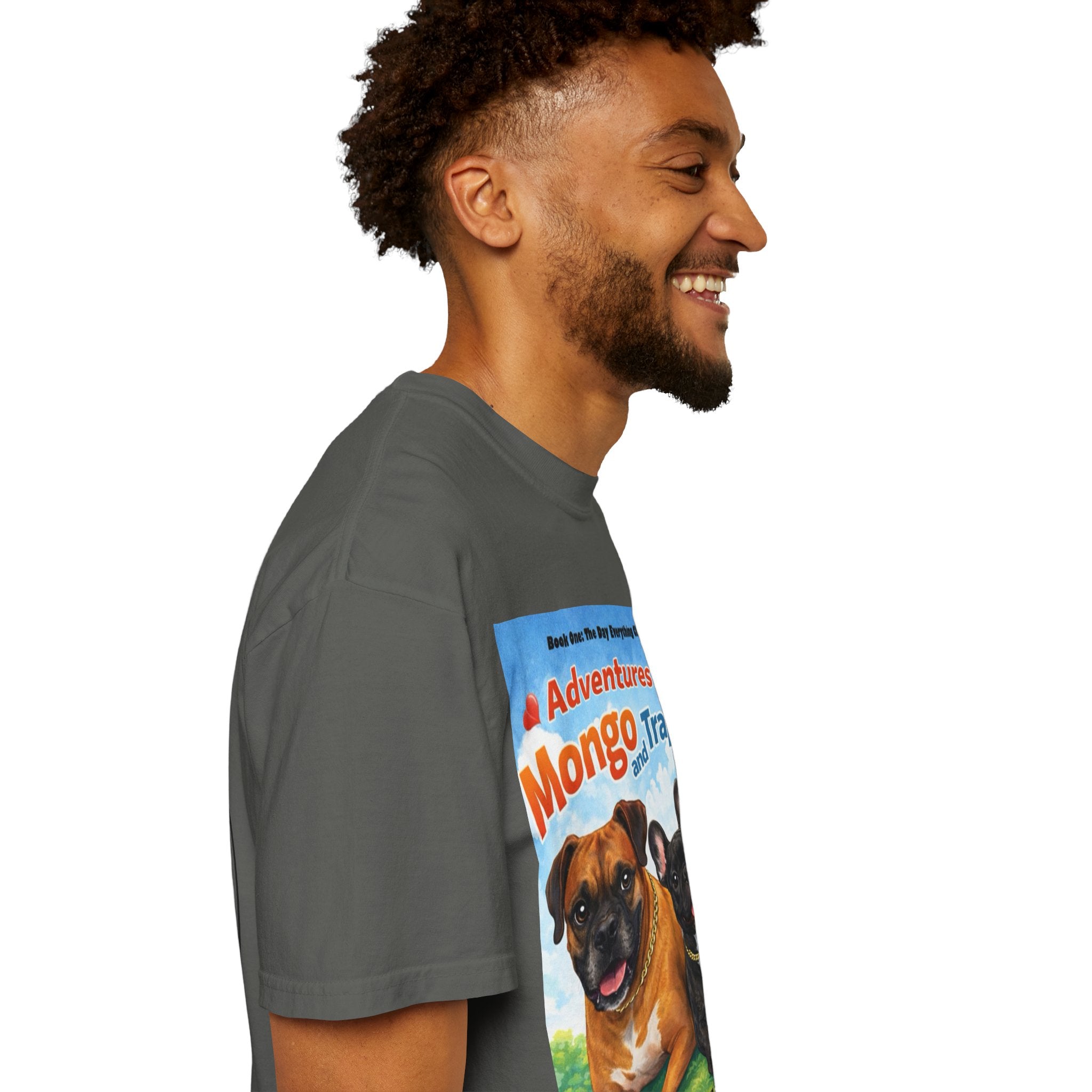 Adventures of Mongo & Trappy T-Shirt — Illustrated Dog Book Cover Tee with QR Code