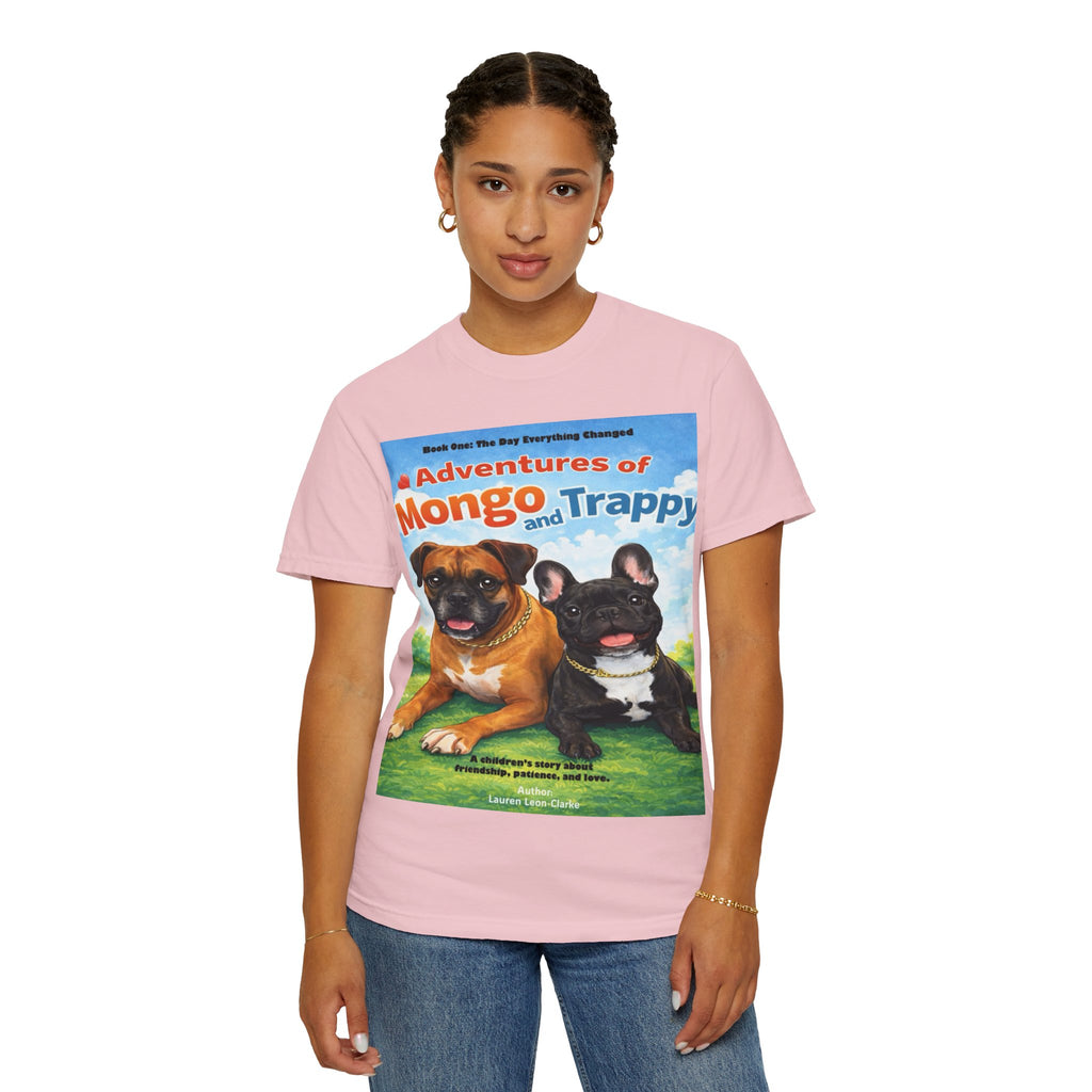 Adventures of Mongo & Trappy T-Shirt — Illustrated Dog Book Cover Tee with QR Code