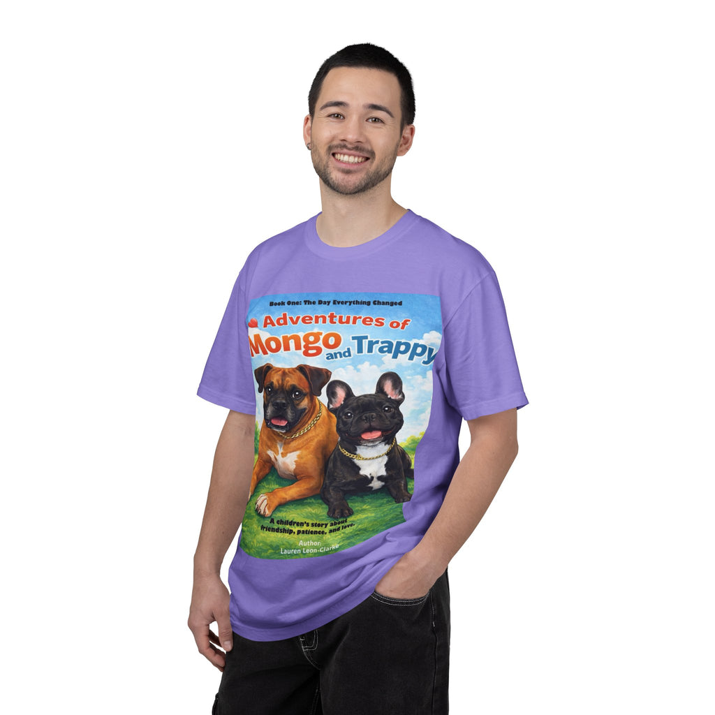 Adventures of Mongo & Trappy T-Shirt — Illustrated Dog Book Cover Tee with QR Code