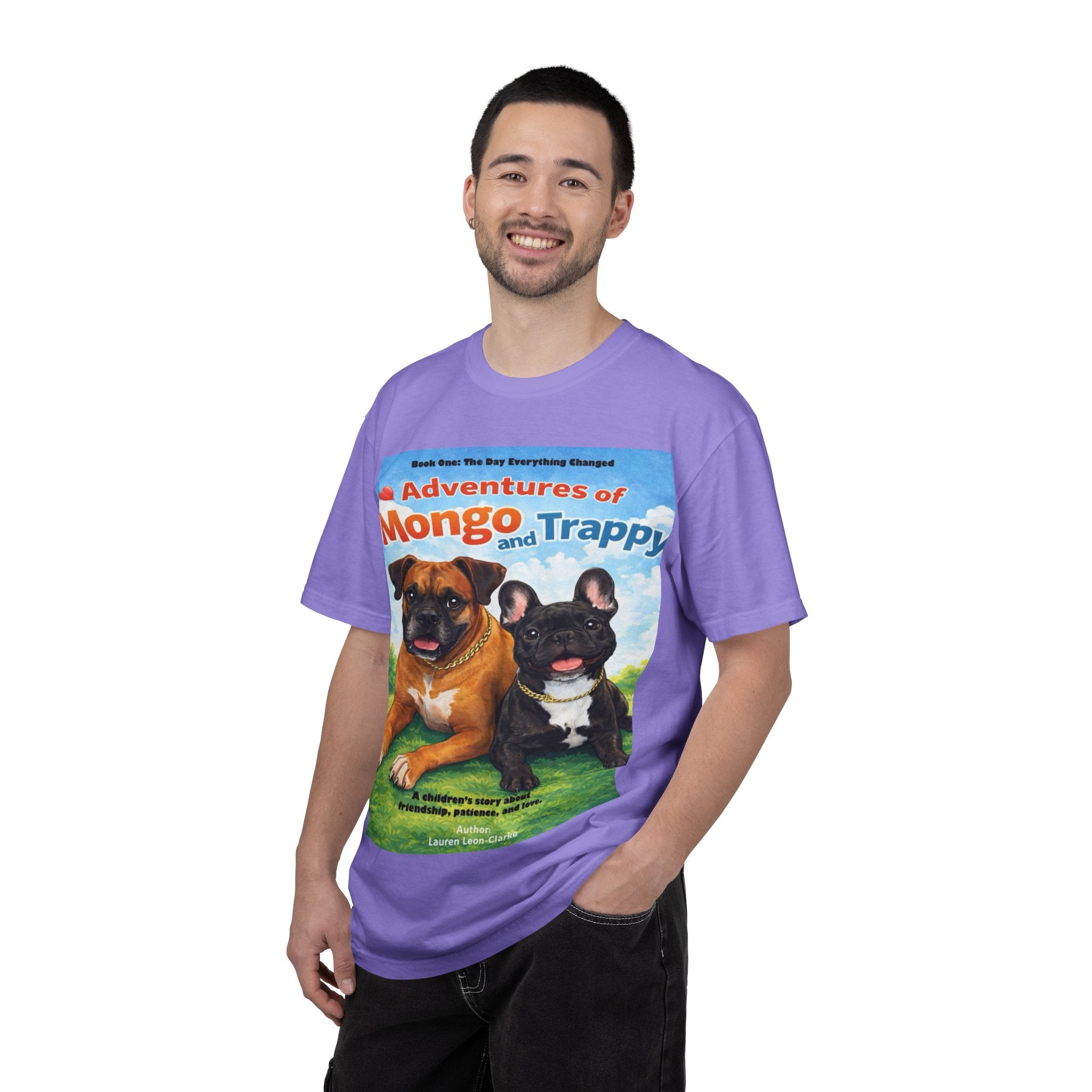 Adventures of Mongo & Trappy T-Shirt — Illustrated Dog Book Cover Tee with QR Code