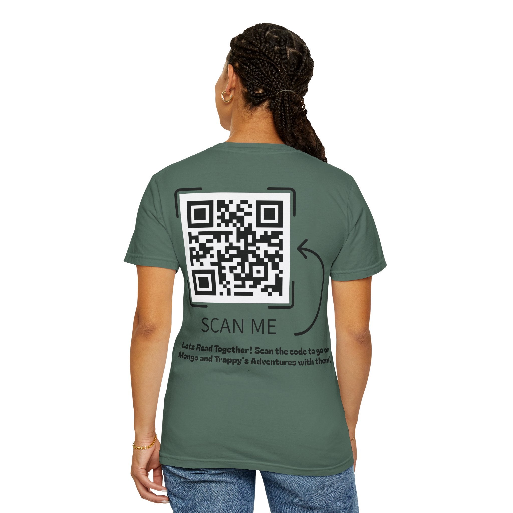 Adventures of Mongo & Trappy T-Shirt — Illustrated Dog Book Cover Tee with QR Code