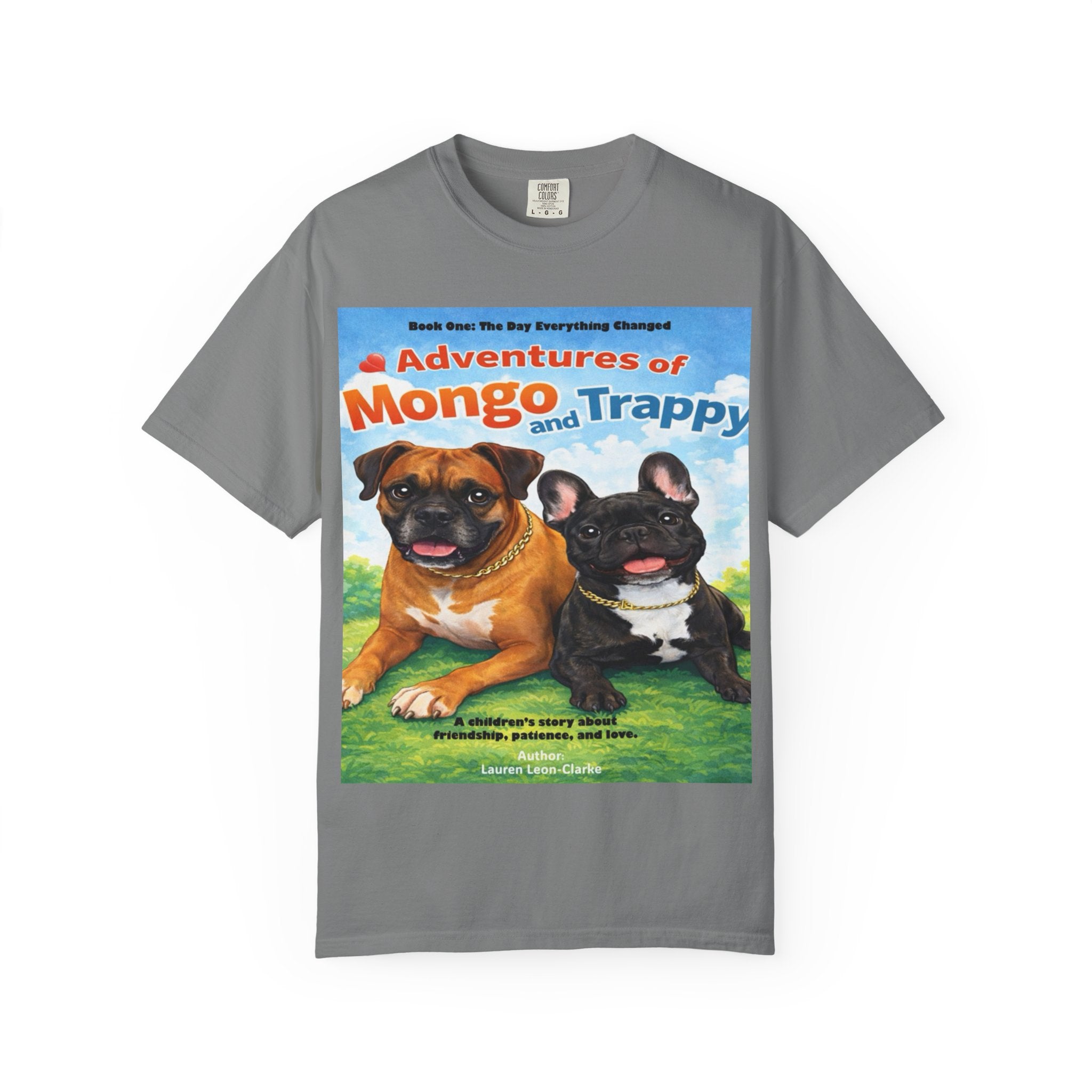 Adventures of Mongo & Trappy T-Shirt — Illustrated Dog Book Cover Tee with QR Code