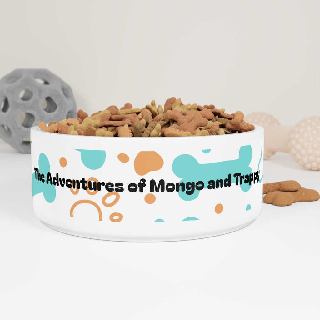Custom Pet Bowl — "The Adventures of Mongo and Trappy" Bone & Dot Design