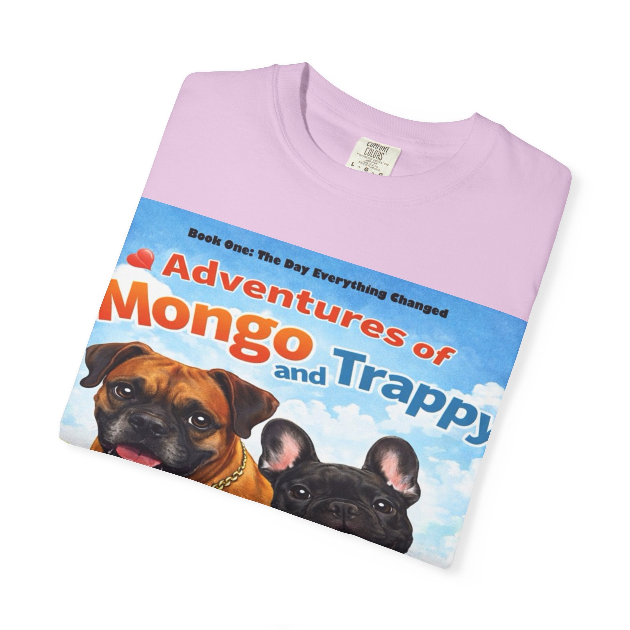Adventures of Mongo & Trappy T-Shirt — Illustrated Dog Book Cover Tee with QR Code