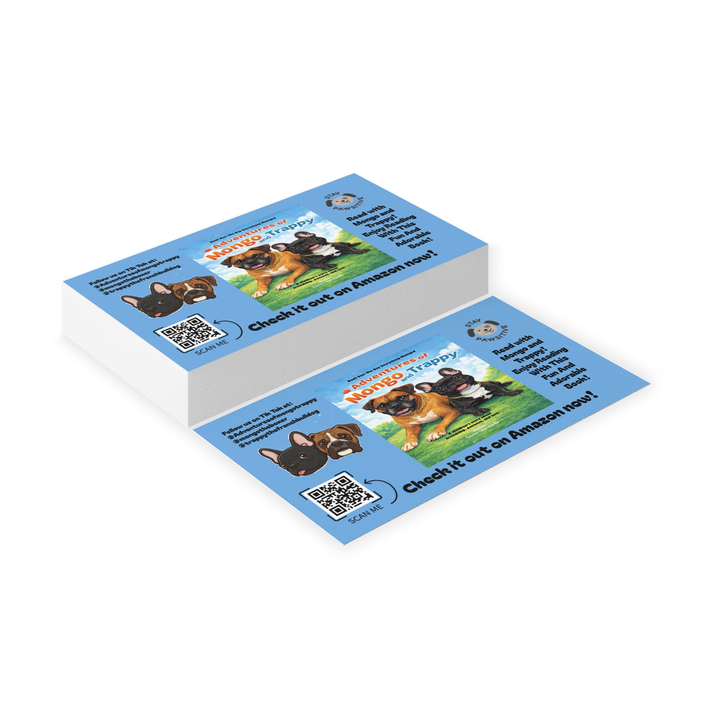 Blue Promotional Business Cards — 'Adventures of Mongo & Trappy' Book Marketing Card with QR Code