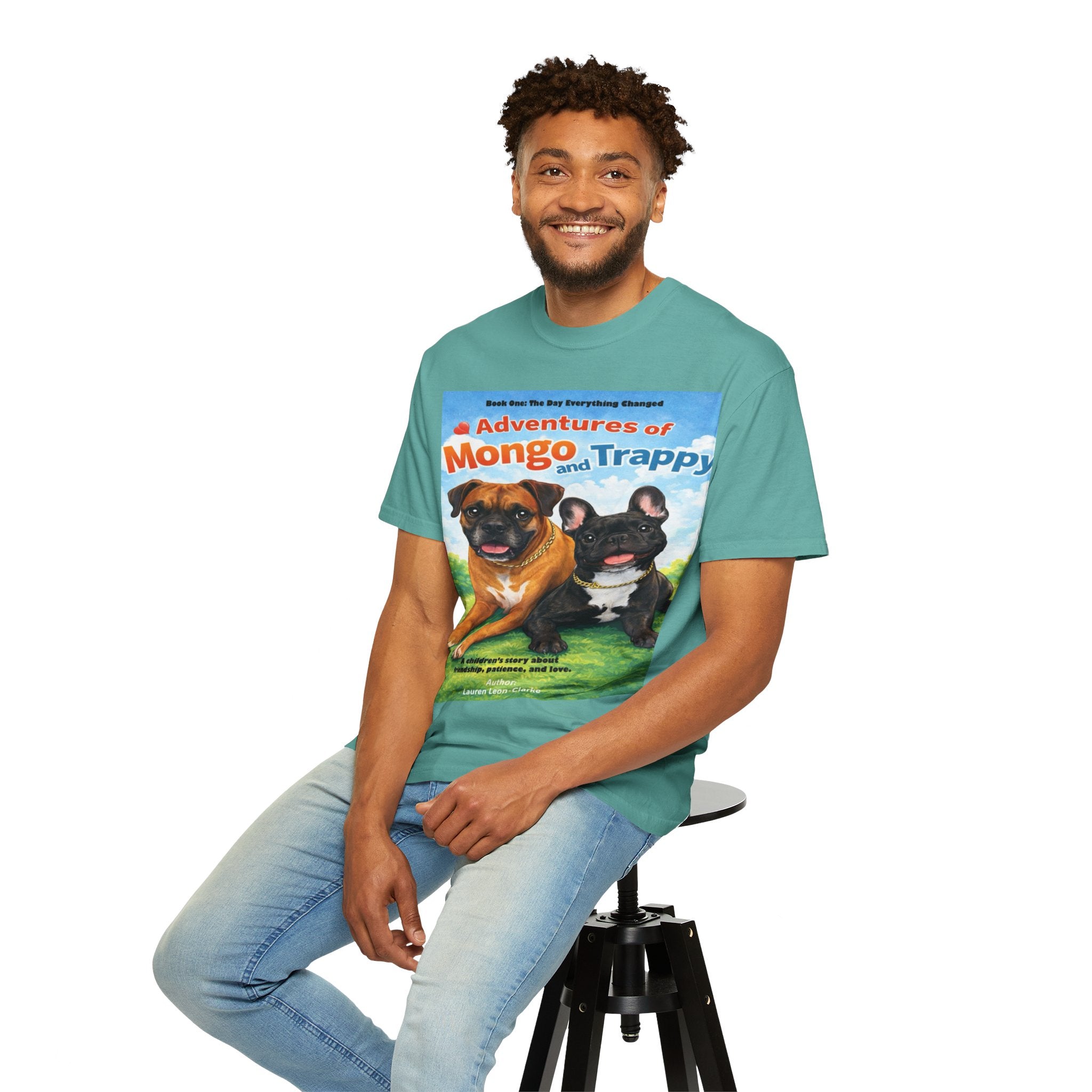 Adventures of Mongo & Trappy T-Shirt — Illustrated Dog Book Cover Tee with QR Code